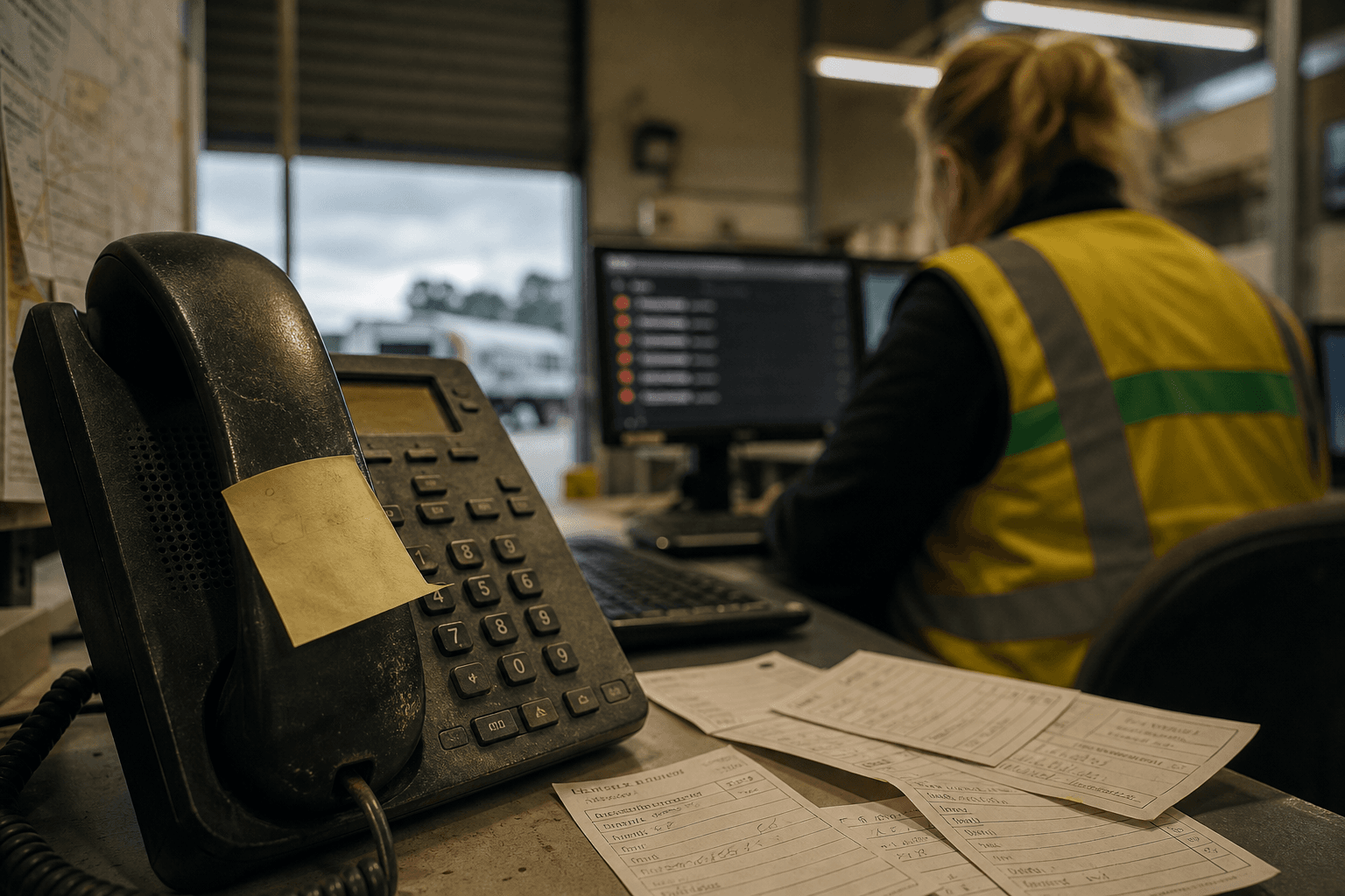 A desk phone and scattered voicemail slips on a dispatch office desk inside an Australian logistics facility, with a female worker in hi-vis visible at a computer monitor showing missed calls in the background.