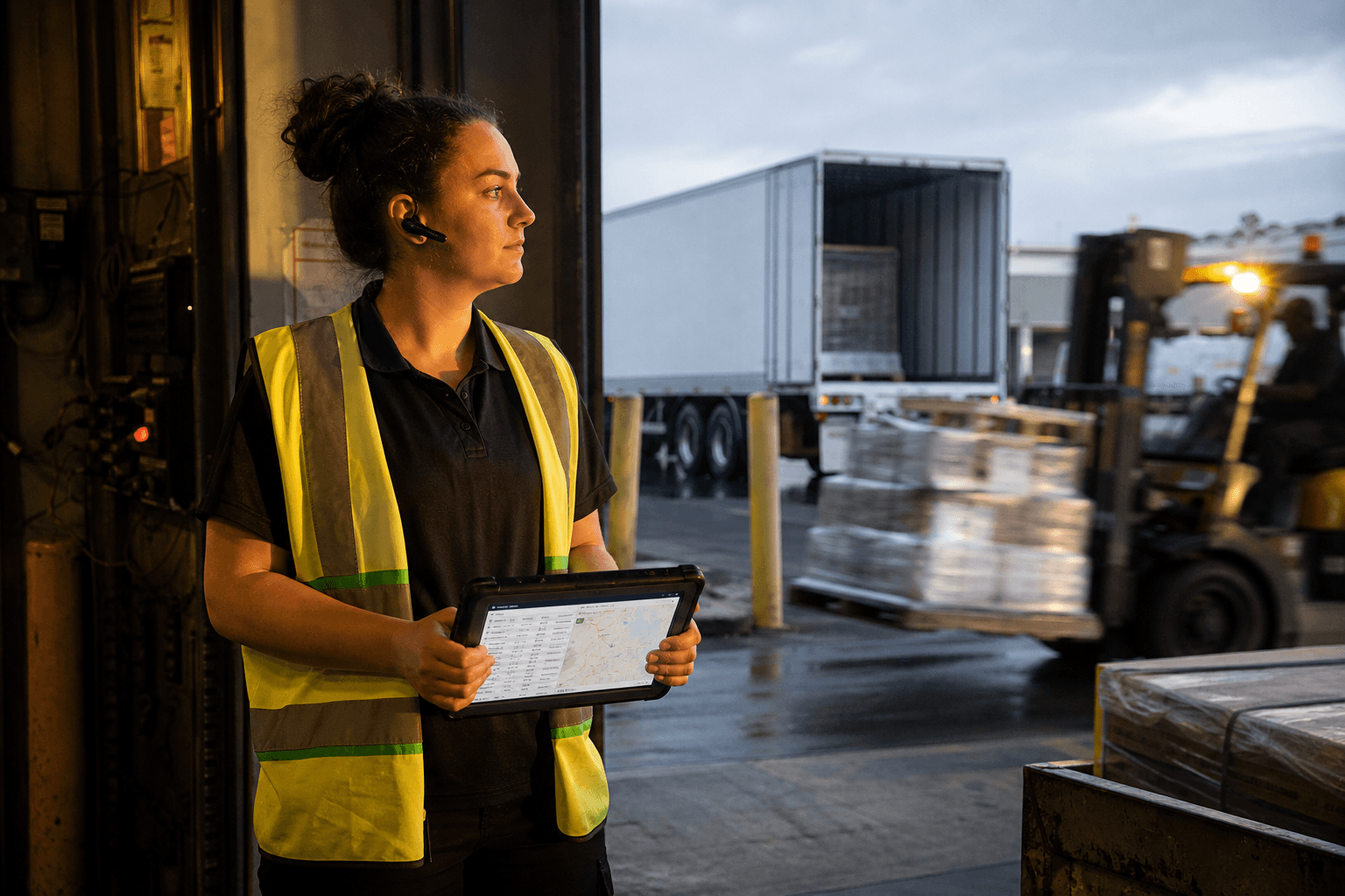 A young female logistics worker in a yellow hi-vis vest stands near an open warehouse dock door, listening via a Bluetooth earpiece while viewing a shipment tracking screen on a ruggedised tablet, with a semi-trailer visible outside.