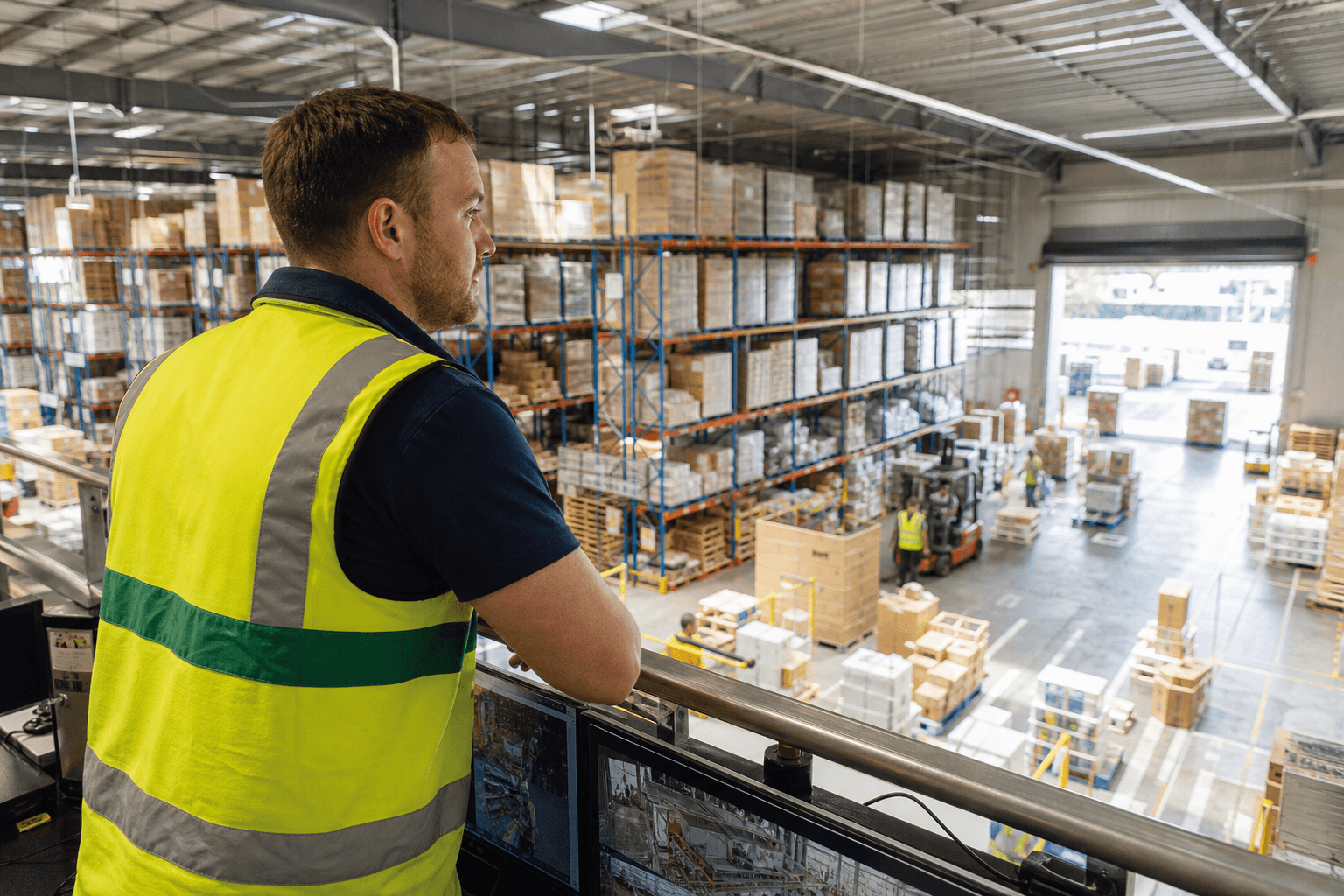 A warehouse supervisor stands on a mezzanine overlooking a busy distribution centre floor with tightly packed pallet racking in bright daylight.