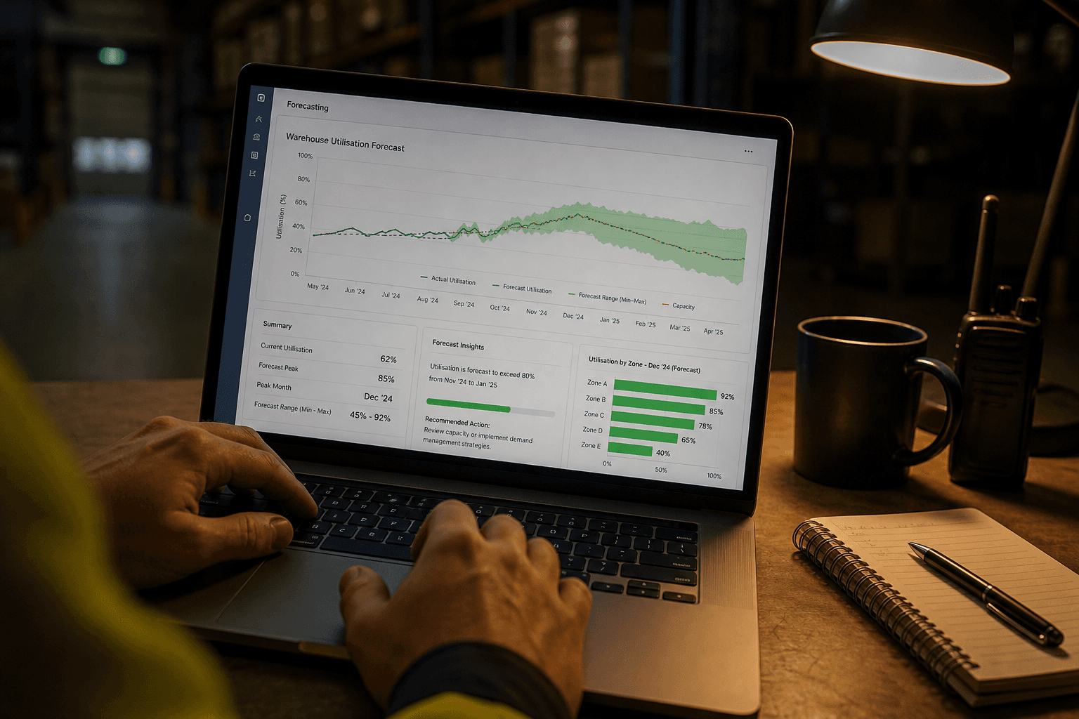 Close-up of hands typing on a laptop keyboard showing a warehouse utilisation forecasting chart, lit by screen glow and a warm desk lamp in a dim office.