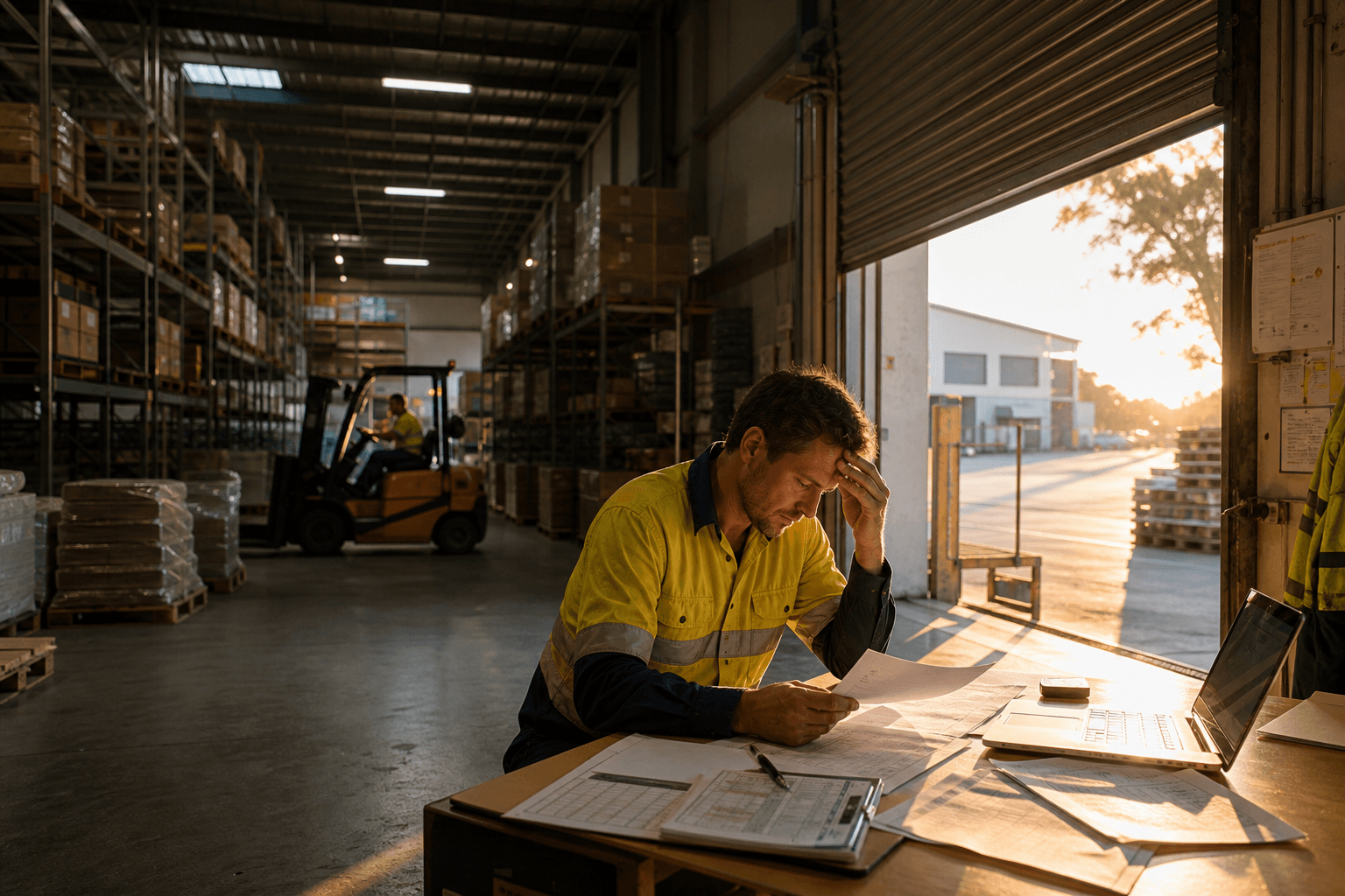 A wide view of an Australian warehouse at golden hour showing a supervisor working at a desk with paper rosters and a laptop near the loading dock, with a forklift operator visible further back among tall racking.