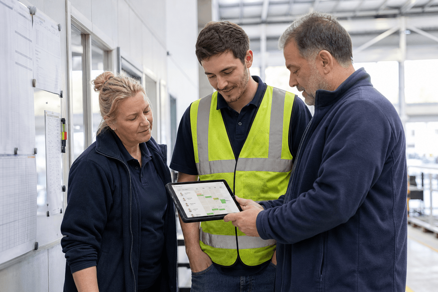 Three warehouse workers in high-visibility clothing standing together in a bright warehouse, looking at a tablet displaying a digital staff roster and scheduling chart.
