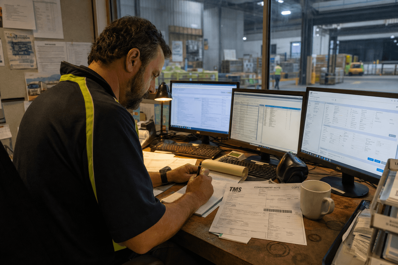 A middle-aged male logistics administrator sits at a cluttered depot office desk, hand-writing consignment data from a printed sheet while two computer screens showing different warehouse and accounting systems are open beside him.