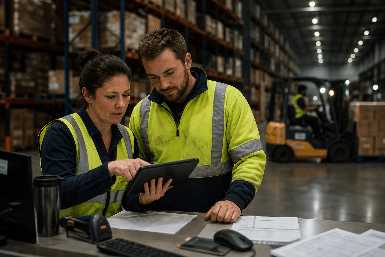A female dispatch coordinator and a male warehouse supervisor in high-vis stand at a workstation on a warehouse floor, reviewing a tablet screen together while the active warehouse operates behind them.