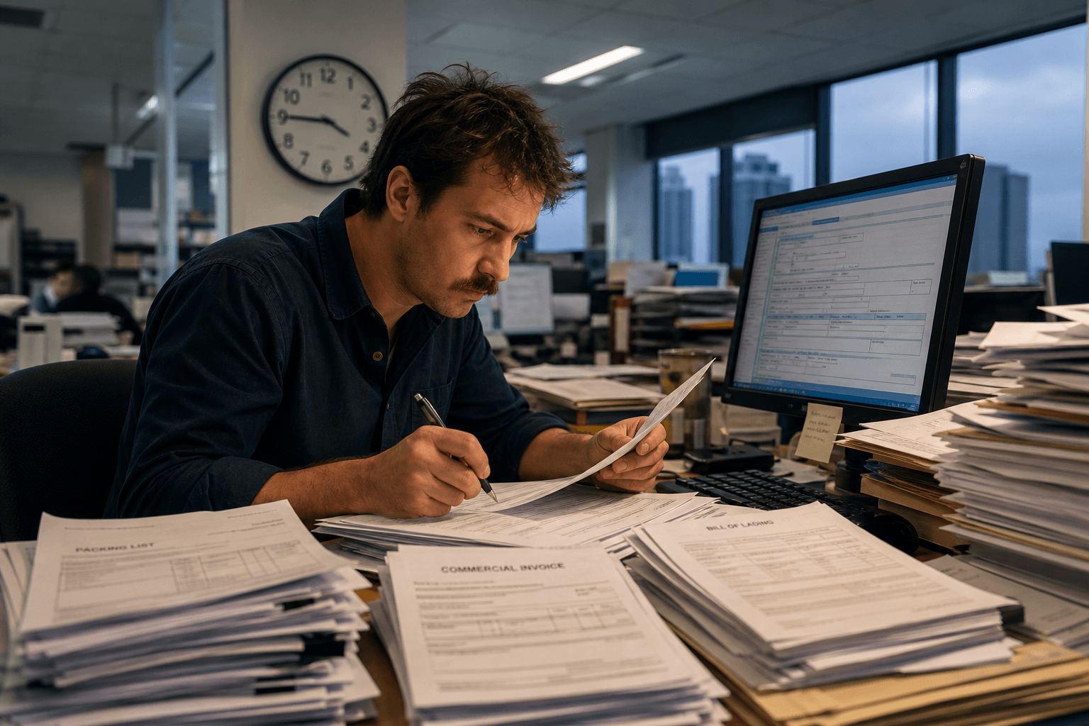 A male customs broker leans over a desk piled high with shipping documents, cross-referencing a printed invoice against a data-entry screen in a freight forwarding office.