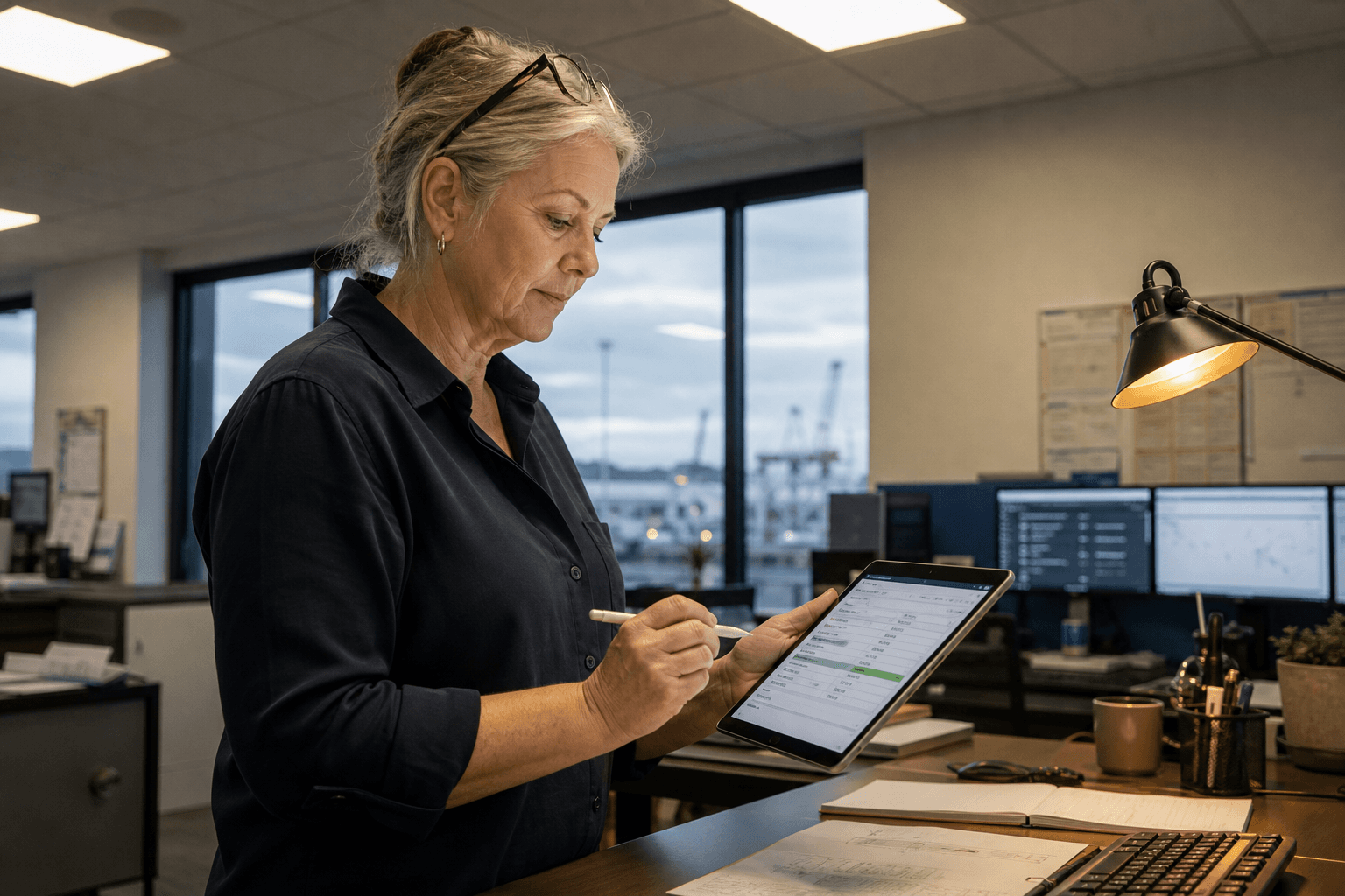 A senior female customs broker reviews exception items on a tablet at a standing desk in a freight forwarding office, making an annotation with a stylus while the background shows a quieter, more organised workspace.