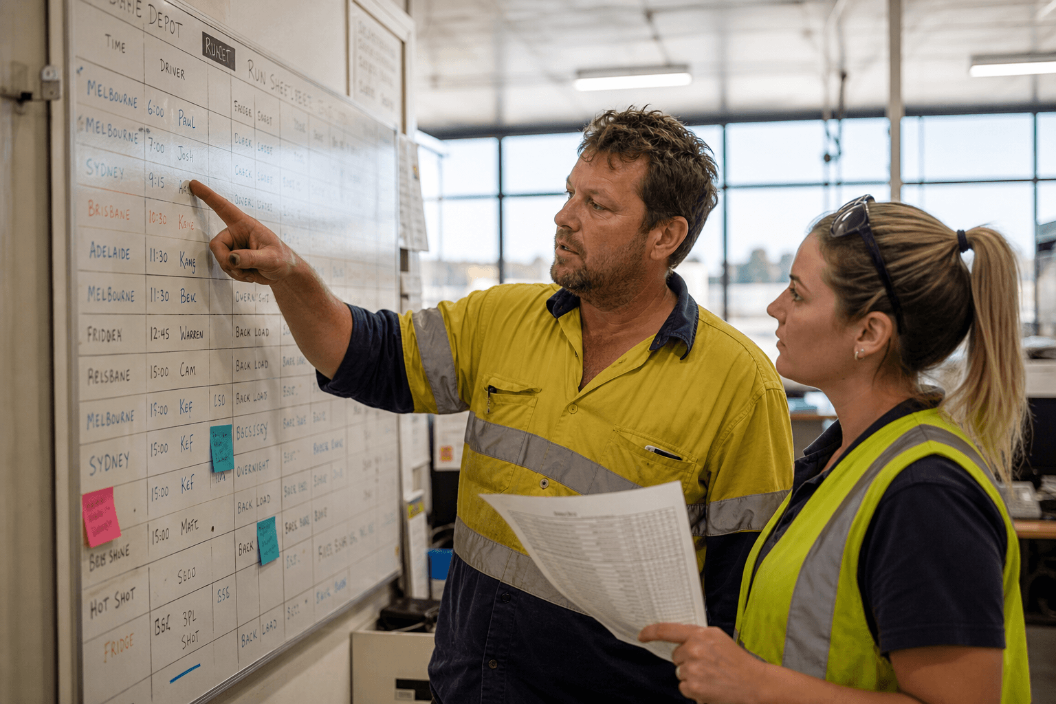 Two logistics workers — a male dispatcher and a female driver in hi-vis — reviewing a hand-written run sheet and whiteboard schedule together in a bright Australian depot operations room.