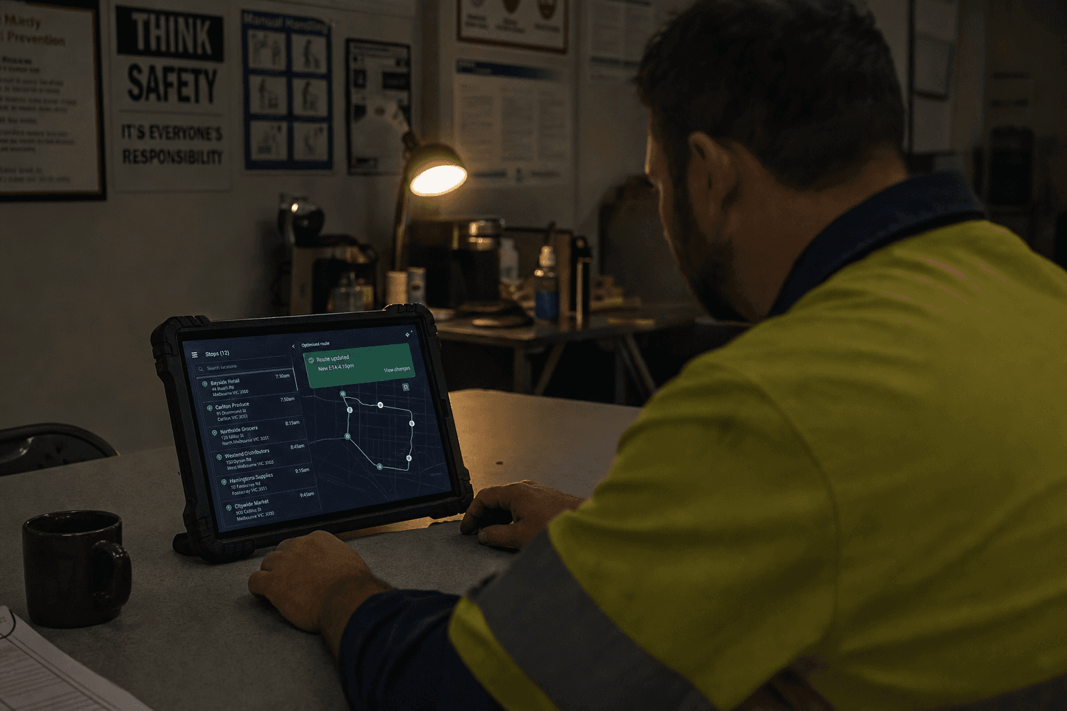 Over-the-shoulder view of a male truck driver in hi-vis examining a tablet showing a route optimisation interface with updated delivery stops, lit by screen glow and a warm task lamp in a dim Australian depot break room.