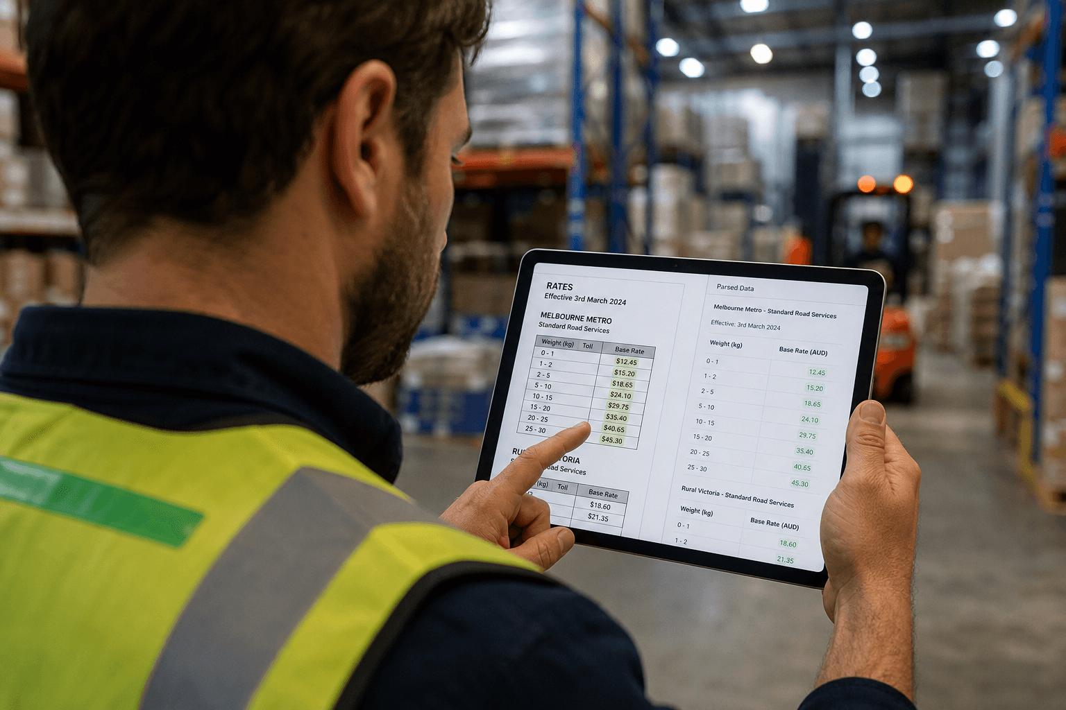 A male logistics worker in a hi-vis vest holds a tablet showing a carrier PDF rate card with extracted data fields highlighted, standing on a warehouse floor under fluorescent lights.