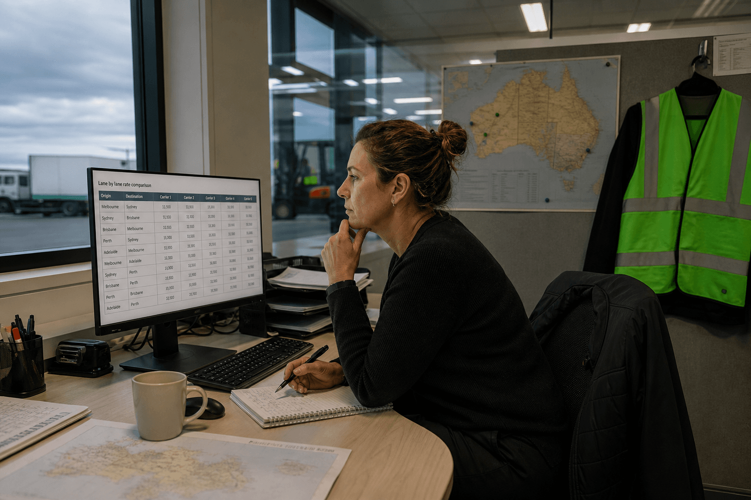 A female procurement analyst leans forward at a desk in an Australian freight depot office, studying a monitor displaying a carrier rate comparison table, with a map of Australia pinned to the wall behind her.