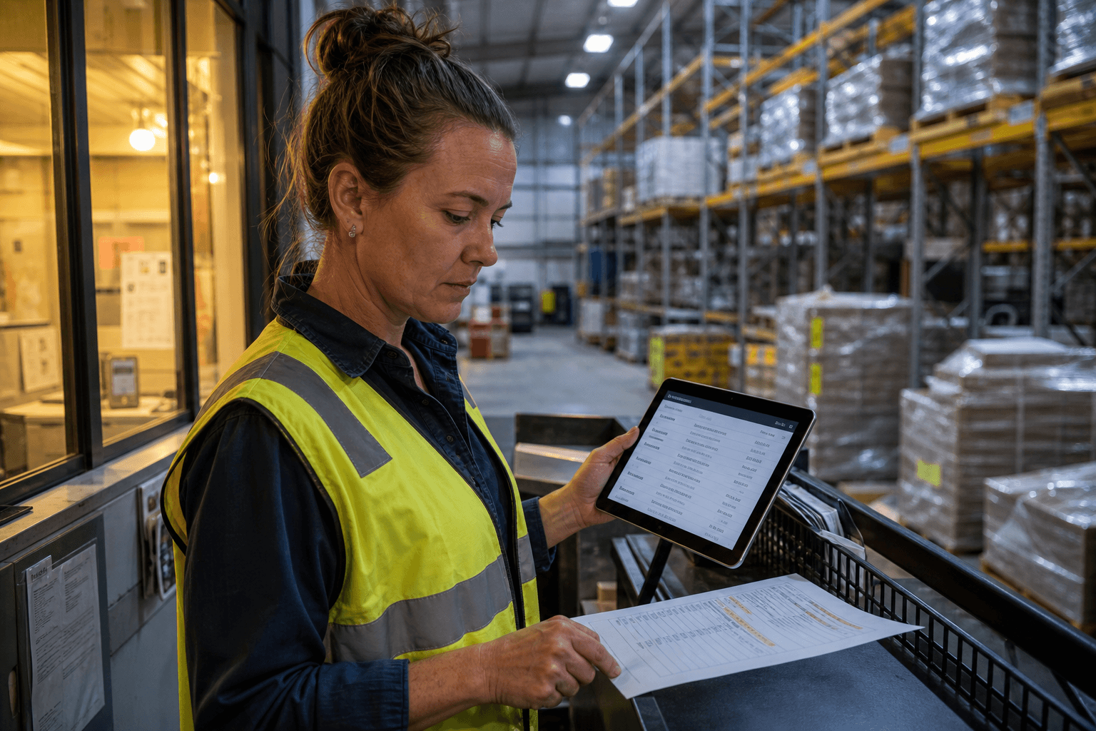 A female logistics administrator in a hi-vis vest reviews audit trail records on a tablet at a warehouse desk, with pallet racks and fluorescent lighting stretching behind her.