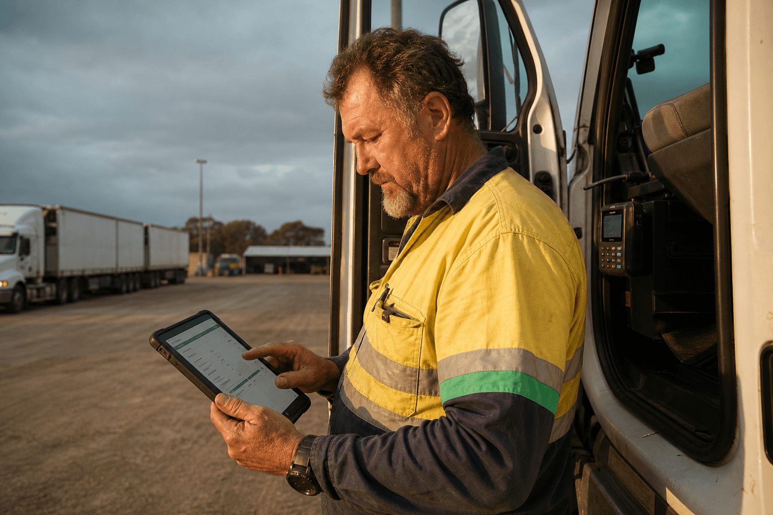 A male truck driver in a hi-vis shirt uses a tablet at the open door of a freight cab at an Australian depot yard, entering fuel and delivery data with other parked trucks visible in the background.