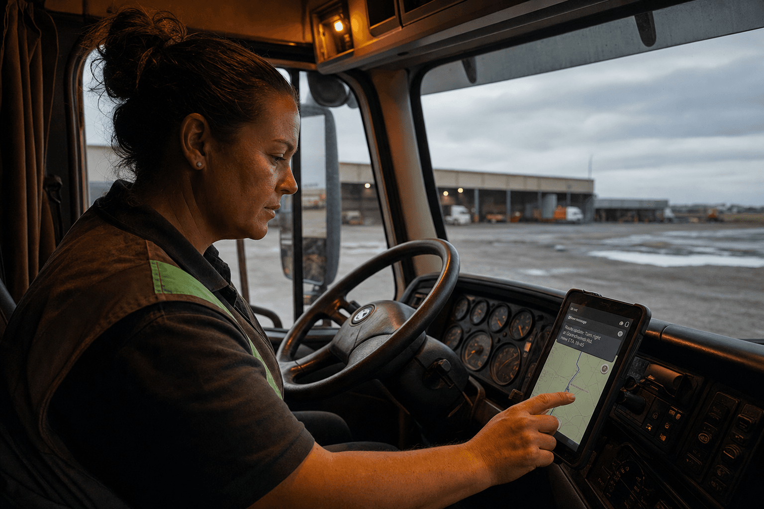 A female truck driver in a high-vis vest reads a route change notification on a dash-mounted tablet inside her freight truck cab, with Australian industrial freight sheds visible through the windscreen under overcast sky.