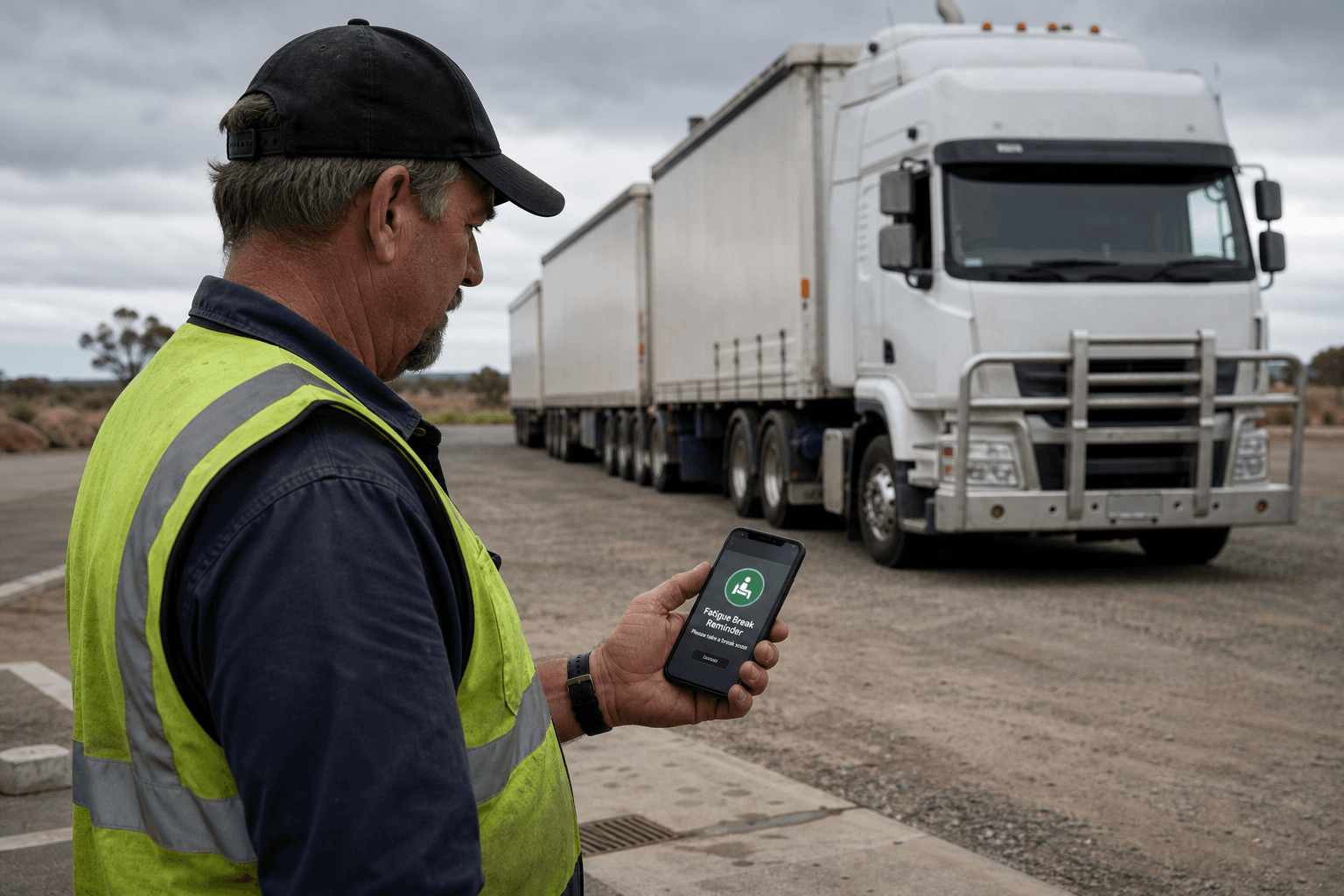 A male truck driver in his 50s stands beside a parked B-double truck at a regional rest stop, reading a fatigue break reminder on his smartphone, with flat Australian scrubland visible in the background.