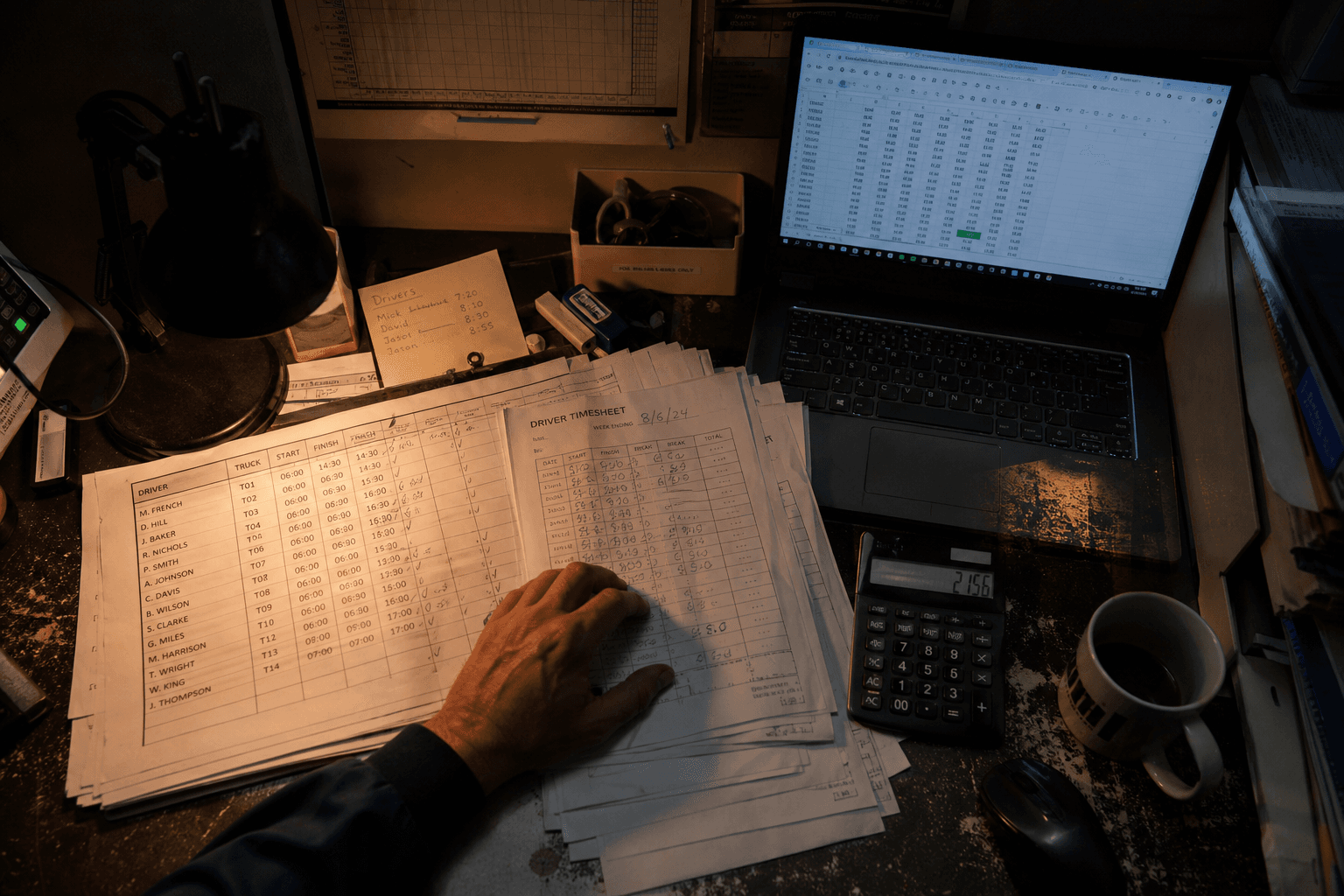 Overhead view of a desk with paper timesheets, a printed roster, a calculator, and a laptop glowing in a dimly lit office at night.