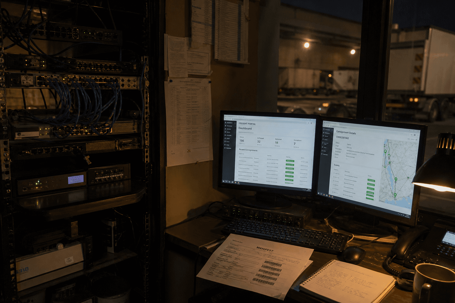 A dimly lit freight depot workstation showing a server rack, network cables, and two monitors displaying a shipment tracking dashboard, illuminated by screen glow and a warm desk lamp with no people present.
