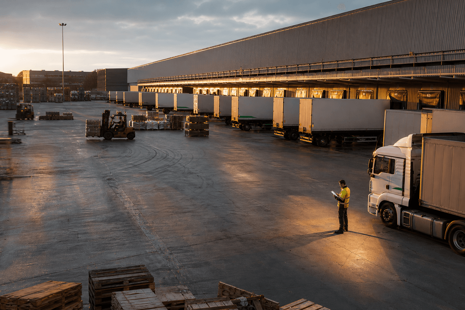 A wide golden-hour view of a freight depot yard with trucks and forklifts, showing a small figure of a driver in high-visibility clothing checking a tablet near a loading dock.