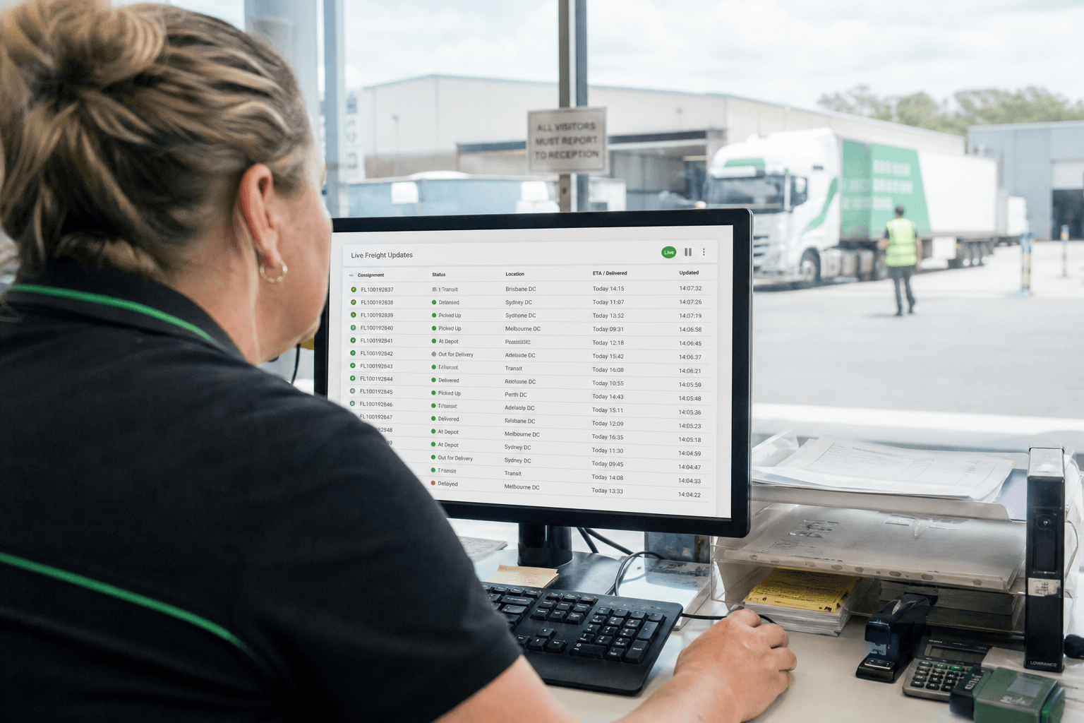 Over-the-shoulder view of a dispatch coordinator watching a screen displaying a live table of freight status updates in a bright depot control room.