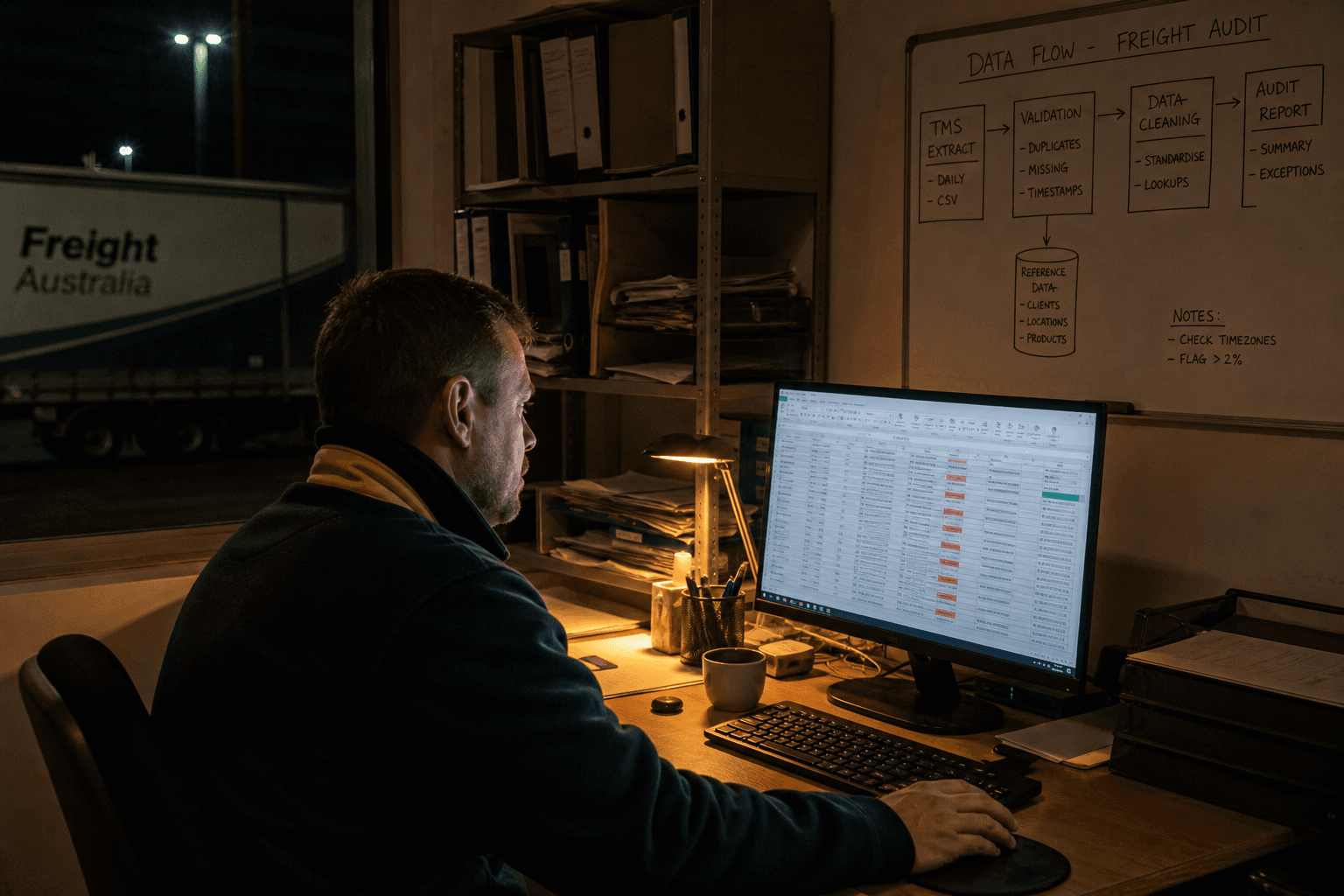 A data analyst sits alone at a desk late in the evening, reviewing a spreadsheet of flagged data records, lit mainly by the glow of the monitor and a desk lamp in an otherwise dim office.