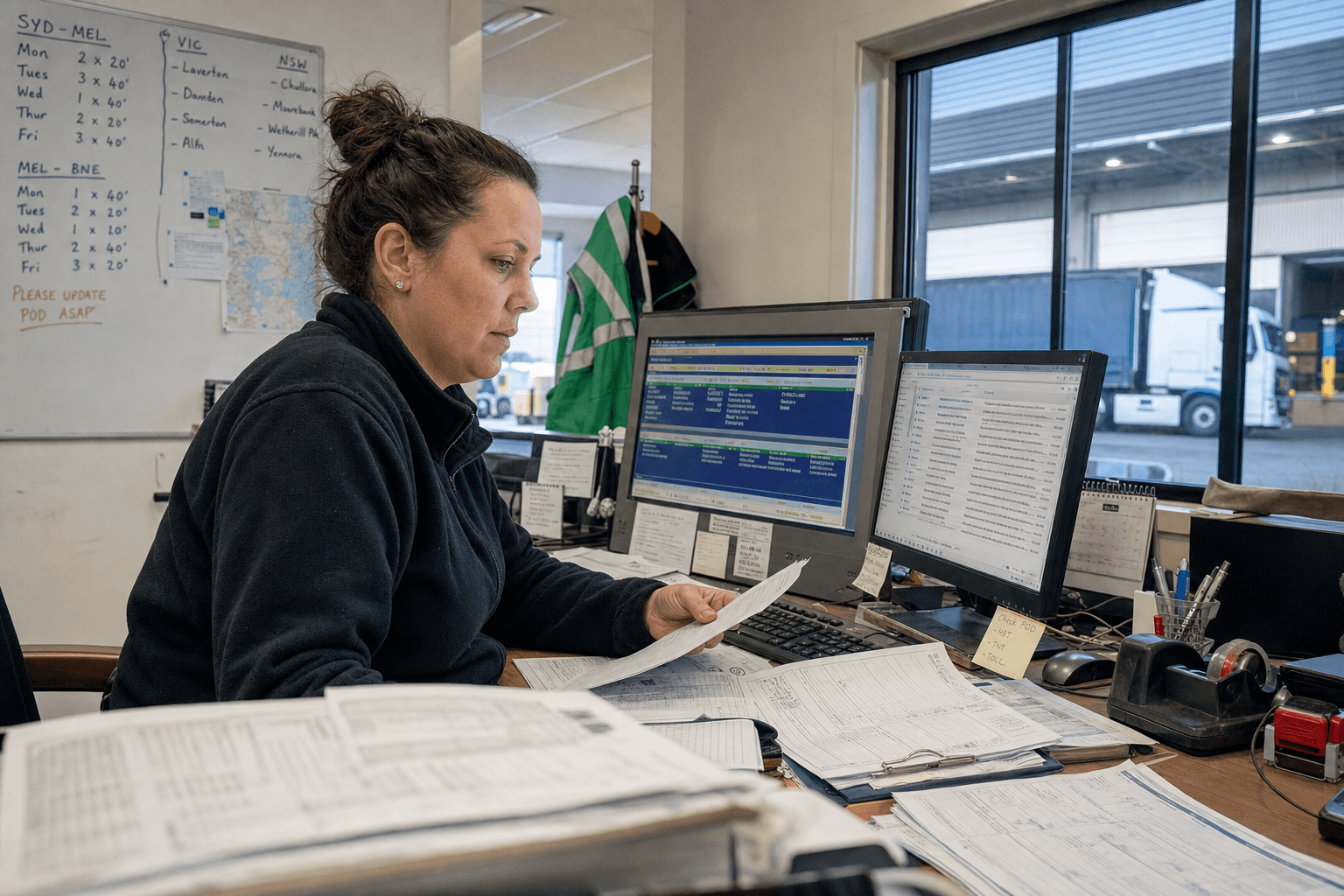 A female freight dispatcher at a cluttered workstation surrounded by paper bills of lading and a legacy computer monitor inside an Australian logistics office, with a loading dock visible through the window behind her.