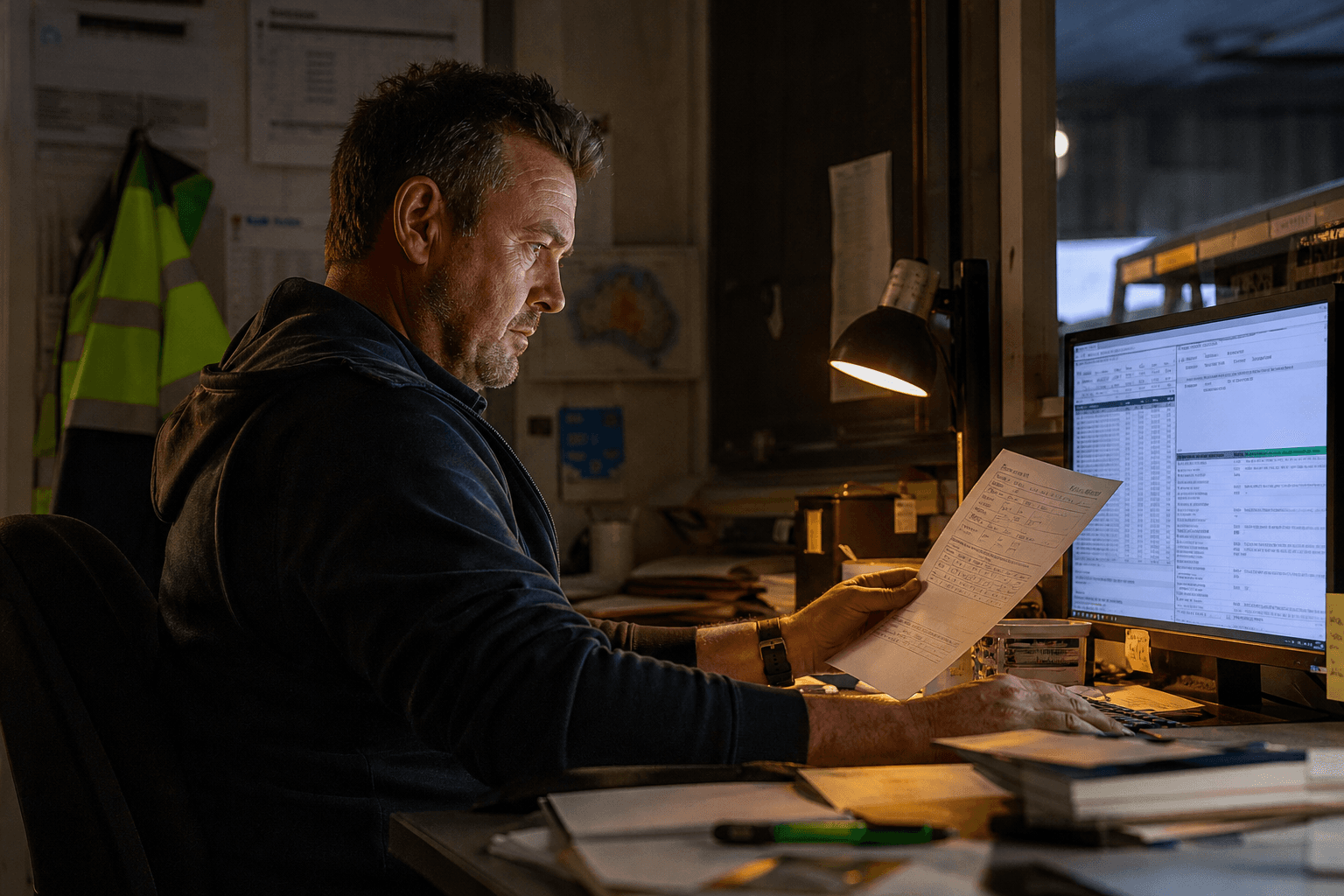 Side profile of a freight dispatcher examining a rate confirmation document next to a glowing computer screen in a dimly lit depot office.
