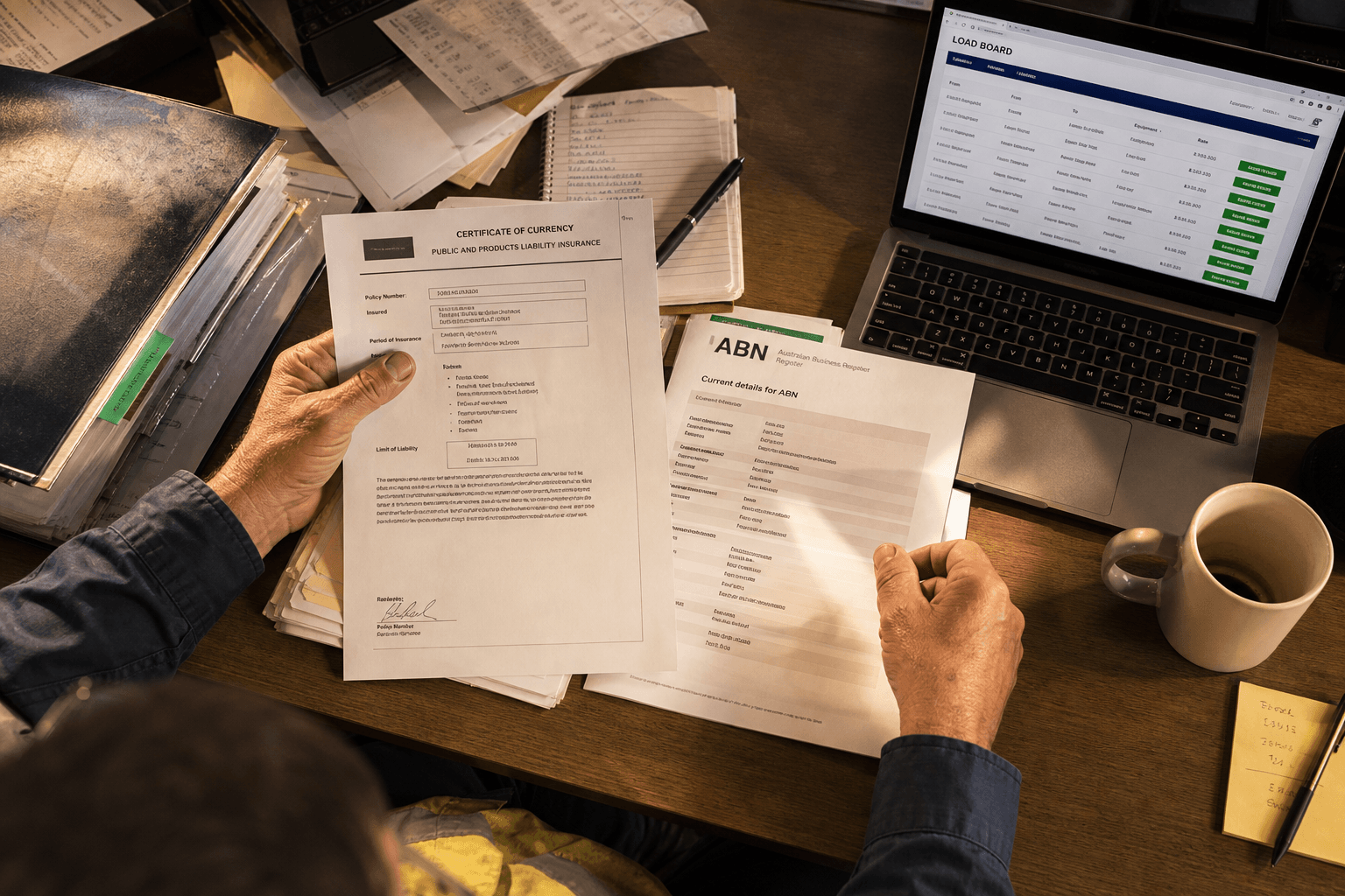 Overhead view of hands sorting insurance certificates and an ABN printout beside an open laptop showing a load board, lit by warm desk lamp light.