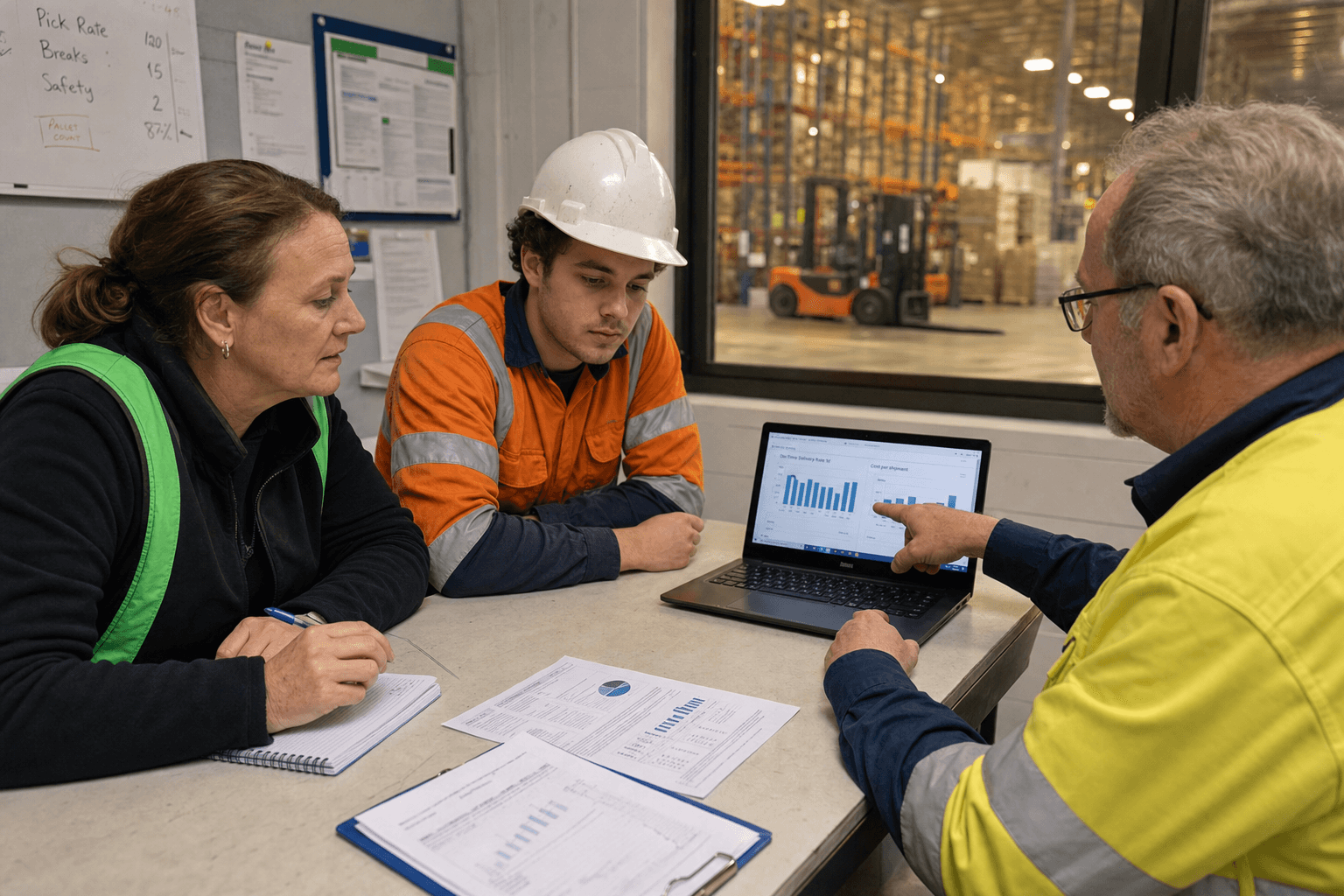 A female operations manager, a young male warehouse worker, and an older male IT coordinator sit around a folding table in a depot meeting room, reviewing logistics performance charts on a laptop and printed reports. The warehouse floor with forklifts and racking is visible through a window behind them.