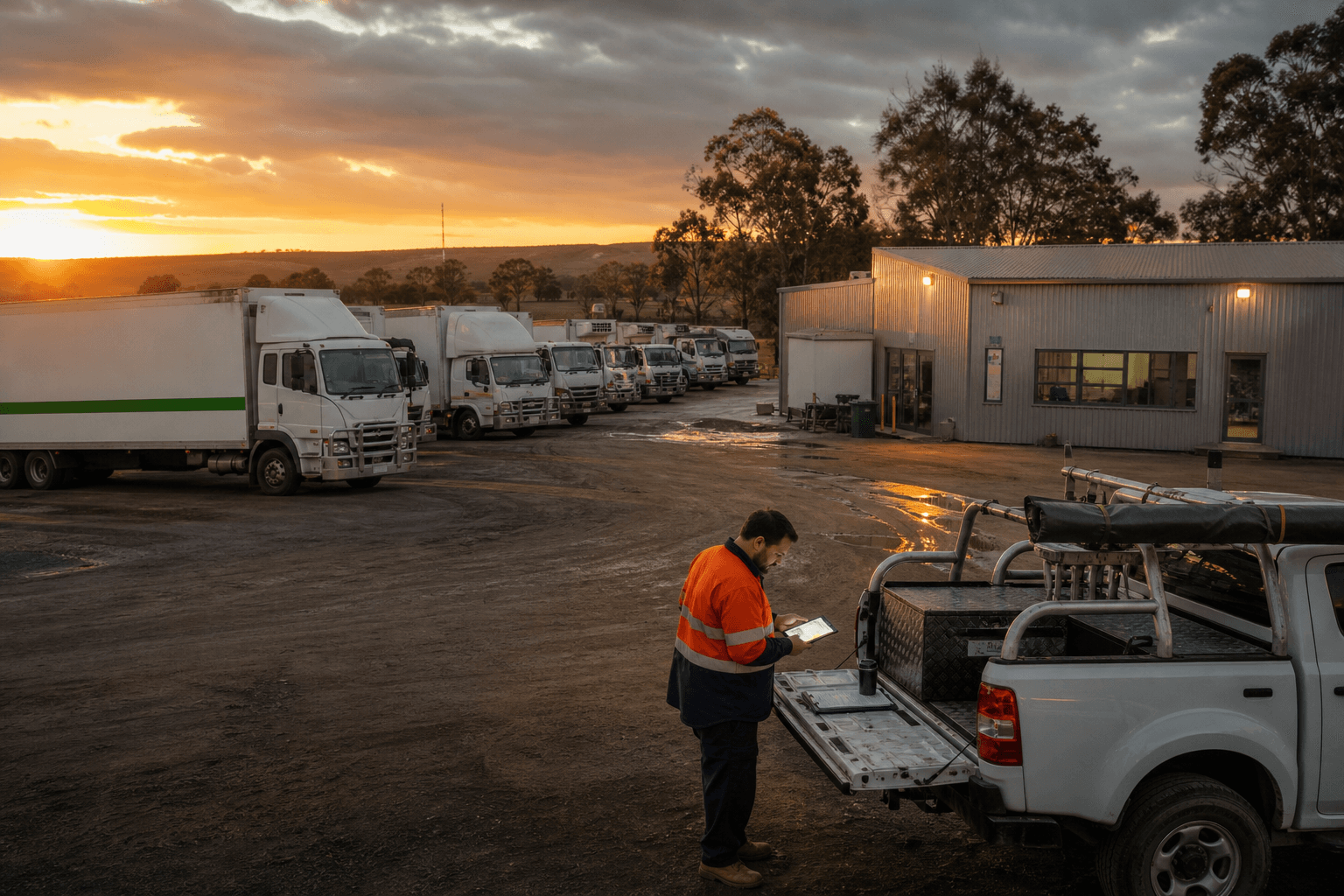A wide golden-hour view of a regional freight depot yard with parked trucks and a small office building, showing a hi-vis-clad dispatch coordinator checking a tablet near a ute in the distance.