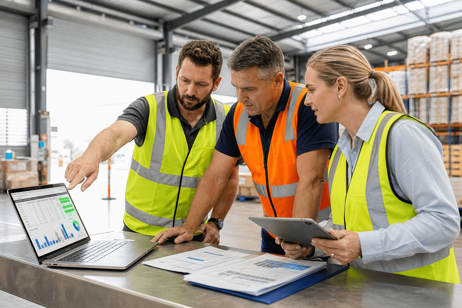 Three logistics workers in hi-vis clothing gather around a laptop and printed reports on a bench inside a bright, daylight-filled distribution centre, discussing consolidated fuel and freight data.
