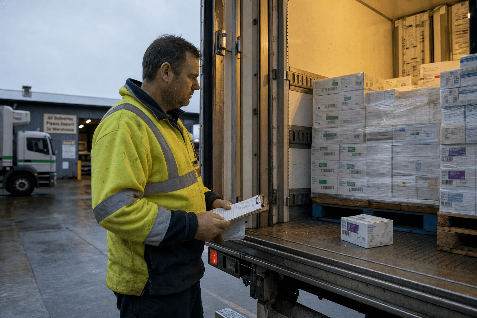A male truck driver in yellow hi-vis inspects pharmaceutical cartons at the open rear doors of a refrigerated trailer at an Australian regional depot in overcast morning light, one carton set aside on the dock.