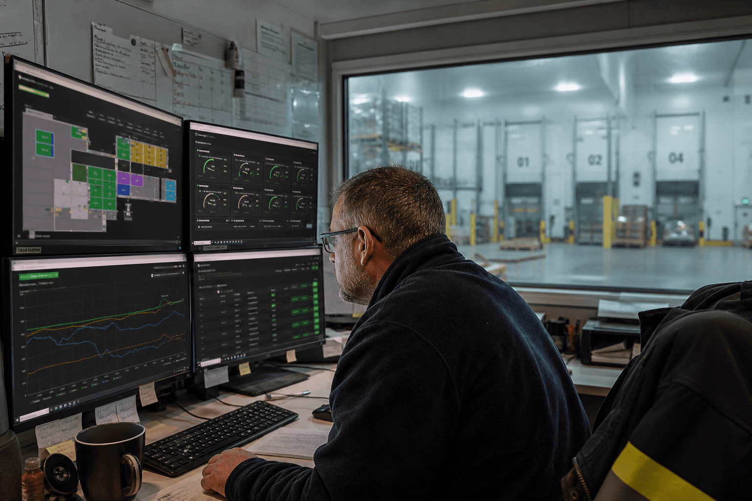 A male dispatch coordinator in a hi-vis shirt and fleece studies live temperature monitoring dashboards on multiple screens in a cold storage facility operations room, with warehouse chambers visible through a window behind him.