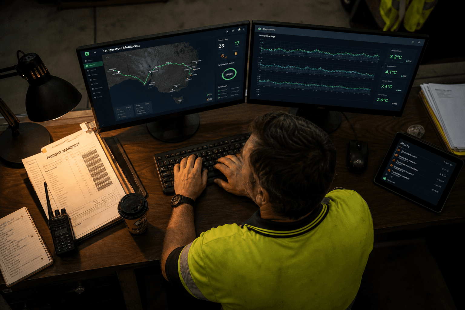 Overhead view of a male dispatch coordinator at a workstation in a dimly lit freight office, looking at dual monitors showing a cold chain temperature monitoring dashboard, illuminated by warm task lamp and screen glow.