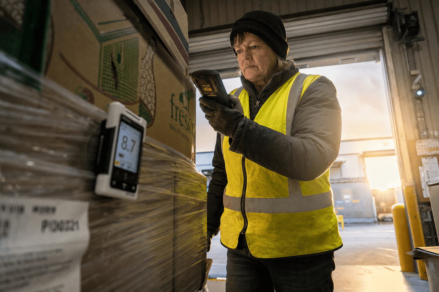 Low-angle view inside a refrigerated warehouse looking up past a pallet of produce cartons toward a female warehouse worker in high-vis vest reading a temperature alert on a handheld scanner, golden dock light glowing through an open roller door behind her.
