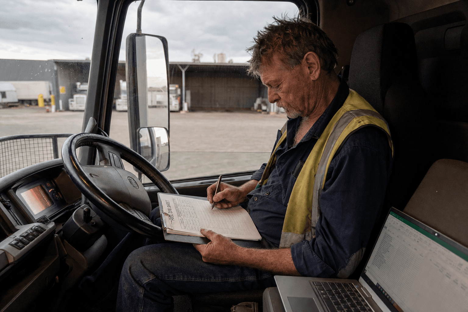 A male truck driver in his 50s in hi-vis vest fills in a fuel log on a clipboard while seated in his truck cab at an Australian regional depot, with a laptop open beside him showing a spreadsheet.