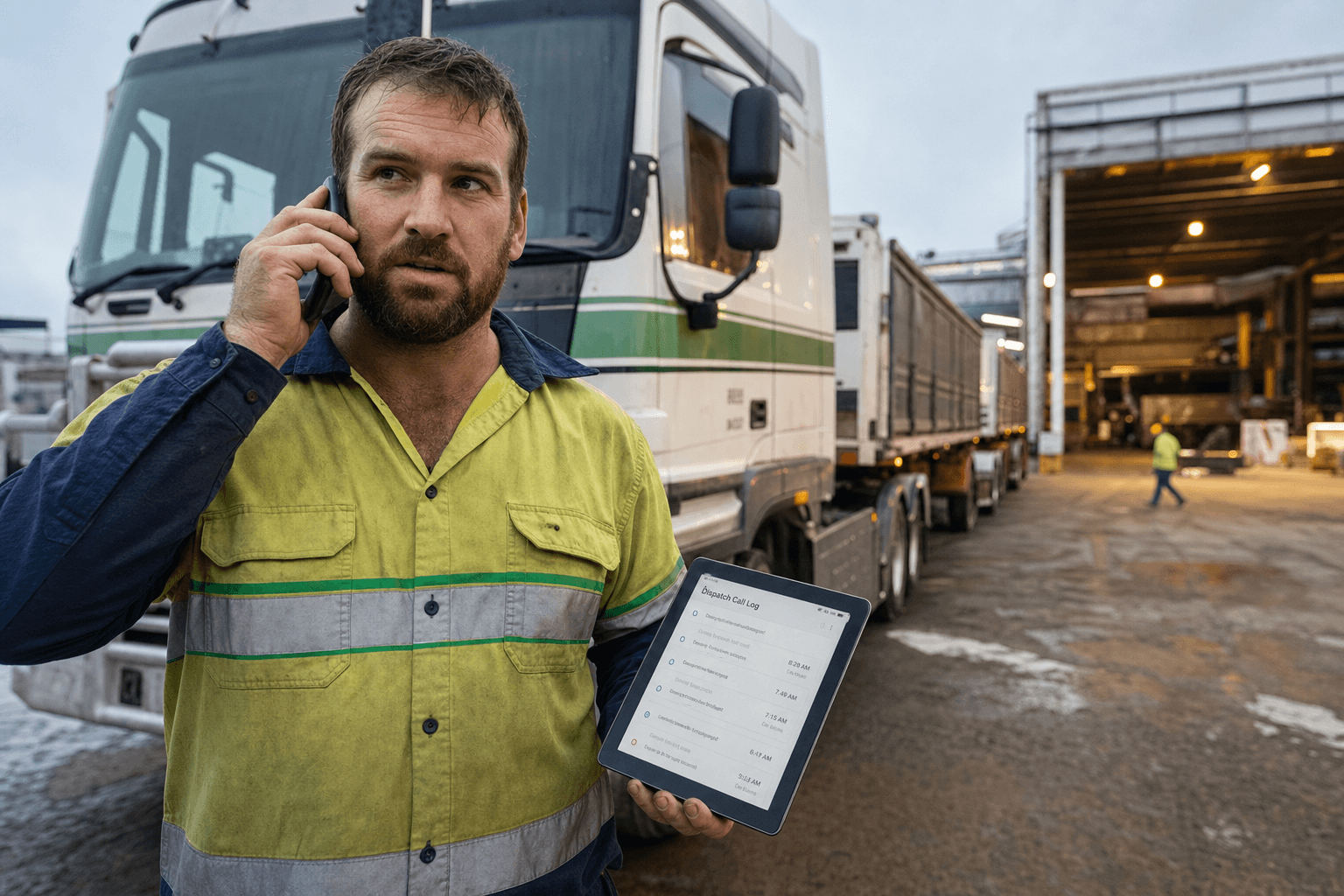 A male truck driver in high-vis talks on a mobile phone while reviewing a dispatch log on a tablet beside a freight truck in an Australian depot yard under overcast sky.