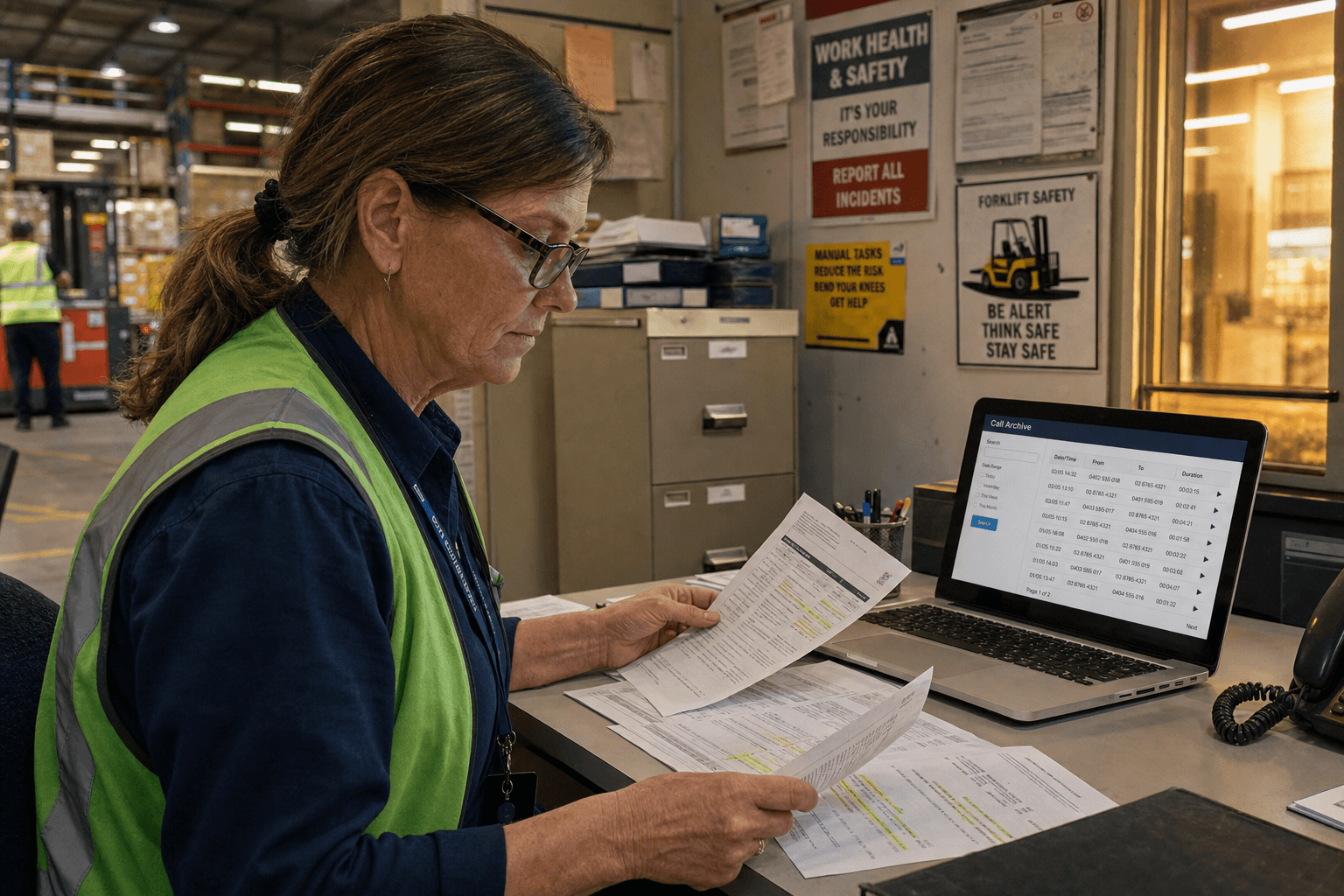 A female compliance officer in a high-vis vest reviews printed call transcripts and a laptop archive screen at a desk inside an Australian warehouse office, with safety posters visible on the wall behind her.