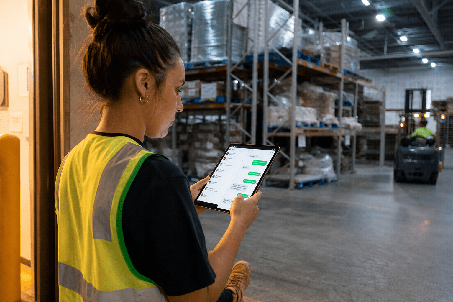 A young female Australian warehouse worker in a yellow high-vis vest reads a freight enquiry chat interface on a tablet while standing near a dock bay inside a large pallet warehouse.