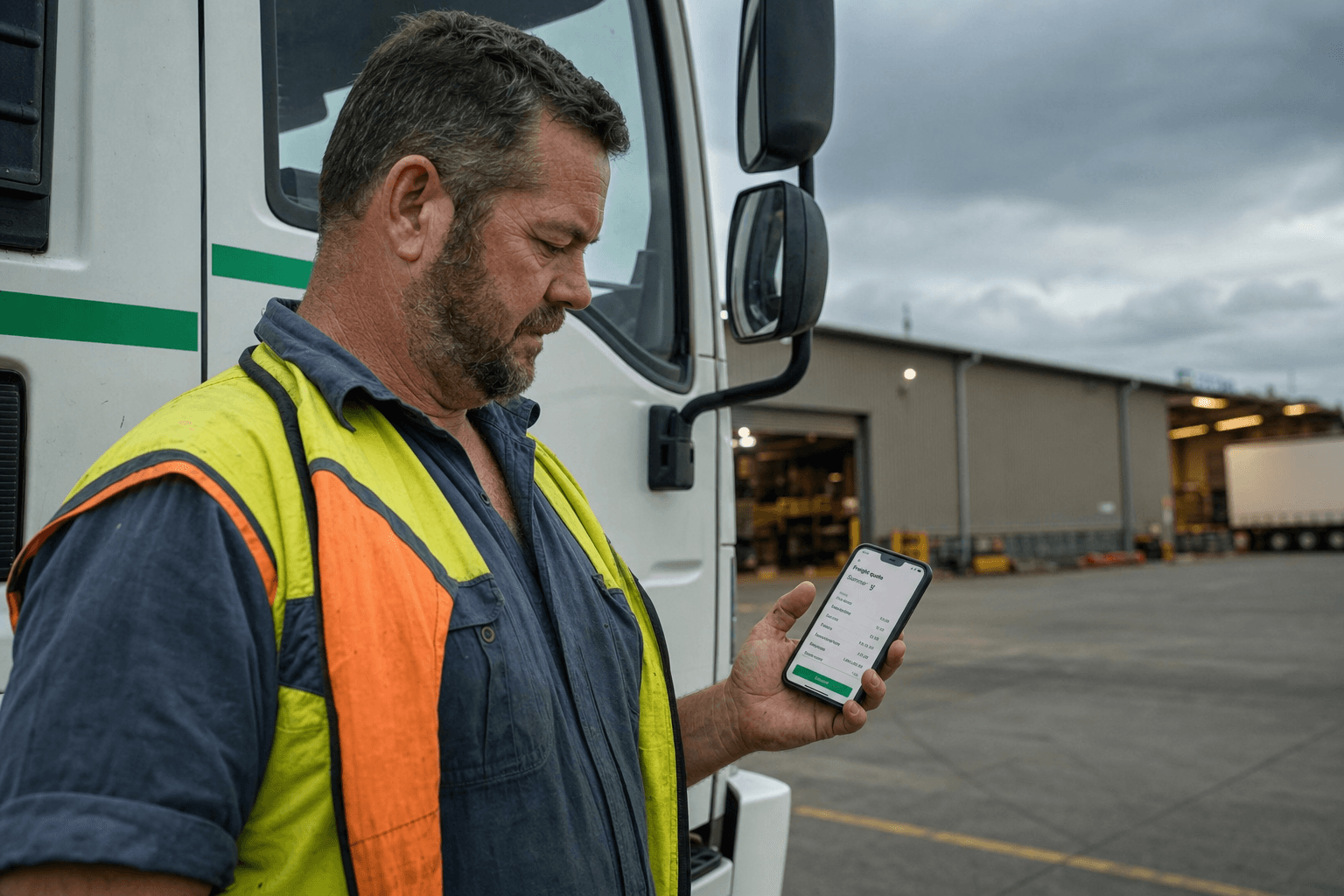 A middle-aged Australian truck driver in high-vis vest stands beside a freight truck in a regional depot yard, checking a freight quote on his smartphone under overcast daylight.