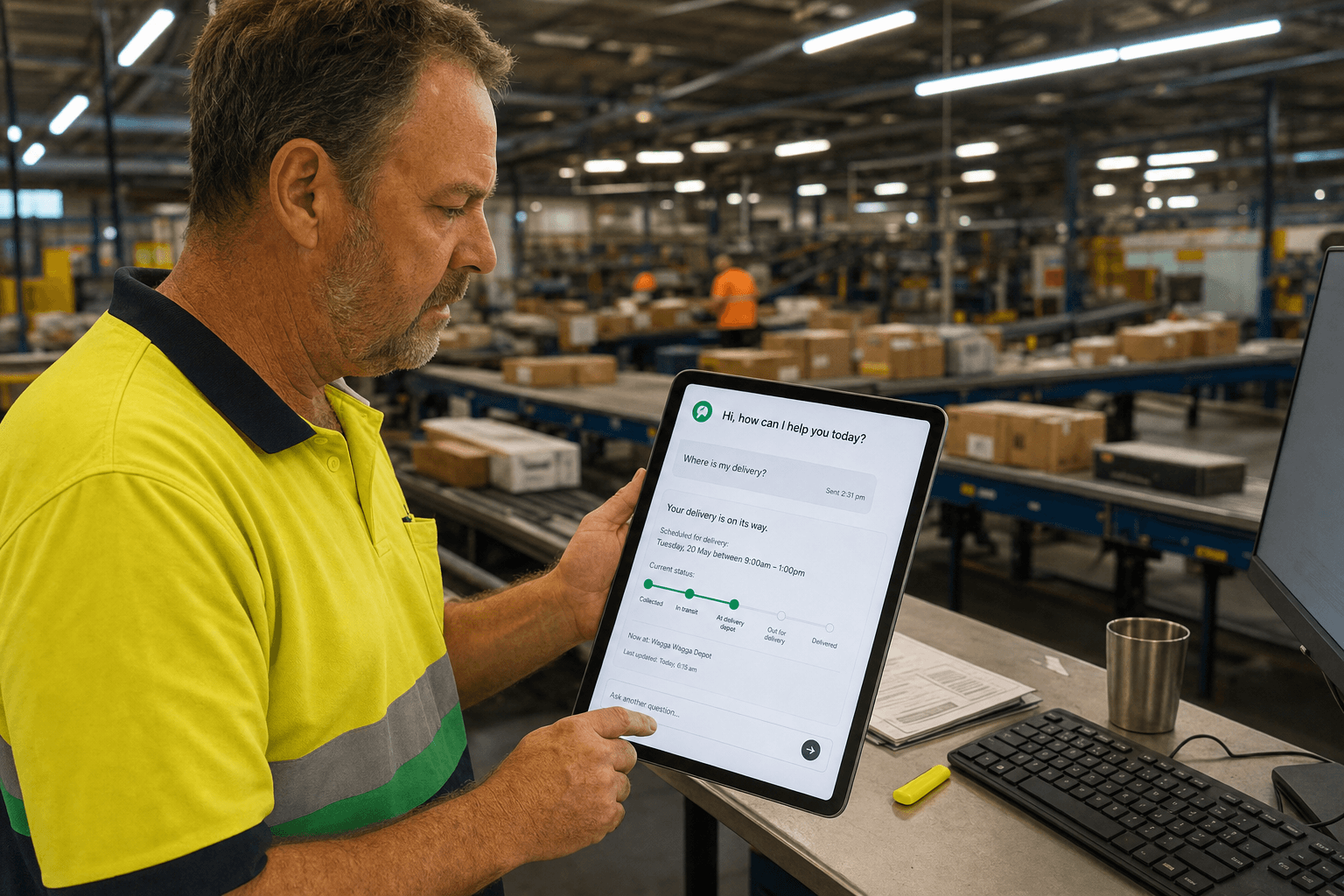 A male Australian freight hub worker in hi-vis polo uses a tablet showing an AI-powered logistics portal on a busy depot floor, with conveyor belts and colleagues visible in the background.