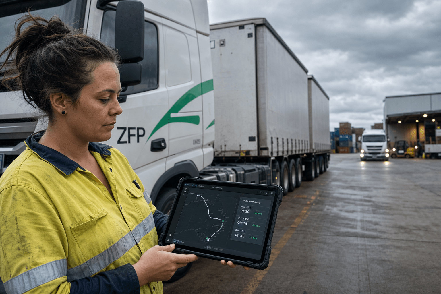 A female Australian freight driver in hi-vis workwear stands beside a B-double truck at a depot yard, reviewing a predictive shipment tracking interface on a ruggedised tablet, with container stacks and loading docks in the background.