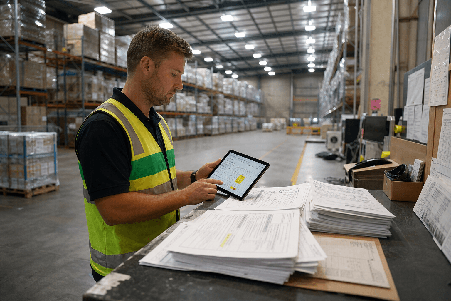 A male freight forwarder in a high-vis vest reviews a digital customs manifest on a tablet at a warehouse workbench, with stacked shipping documents beside him and racked freight pallets visible in the background under fluorescent lighting.