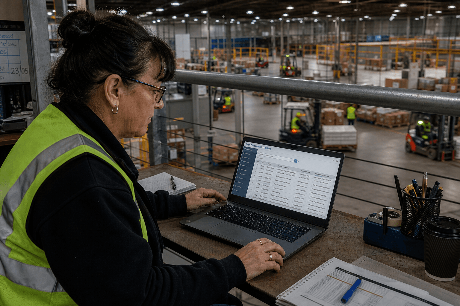 A female logistics operator in a high-vis vest works on a laptop showing a tariff classification interface on a mezzanine level of an Australian freight warehouse, with forklift activity visible on the floor below through a safety railing.