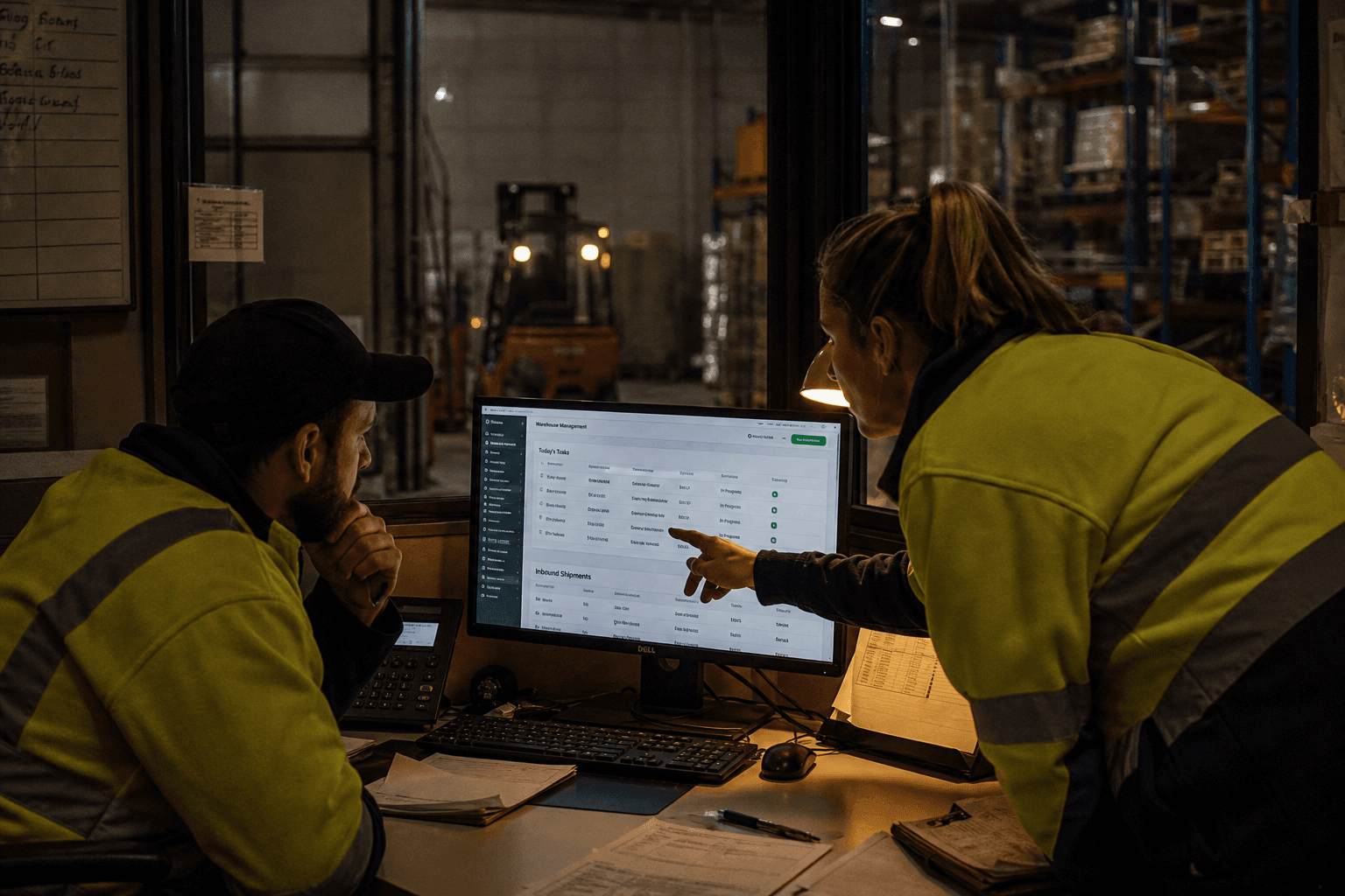 Two logistics staff in a dimly lit depot office examining a warehouse management system screen together, lit mainly by monitor glow and a desk lamp.