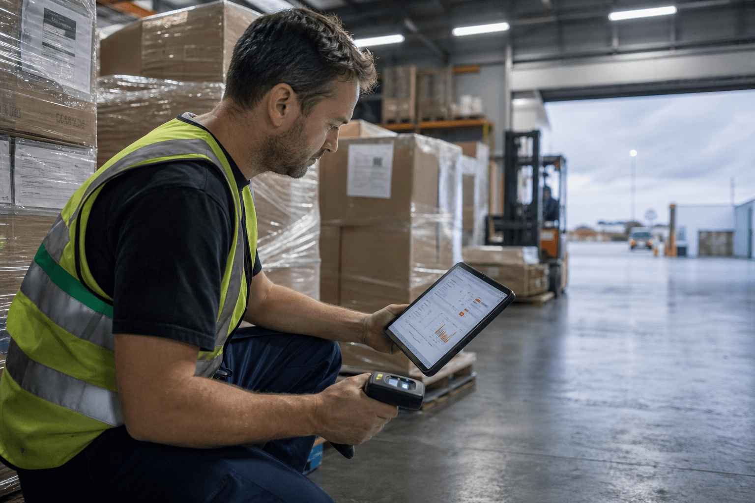 A male warehouse worker in a high-vis vest uses a handheld scanner and tablet to review shipment data on the floor of an Australian distribution centre, with pallets and cardboard cartons stacked behind him.