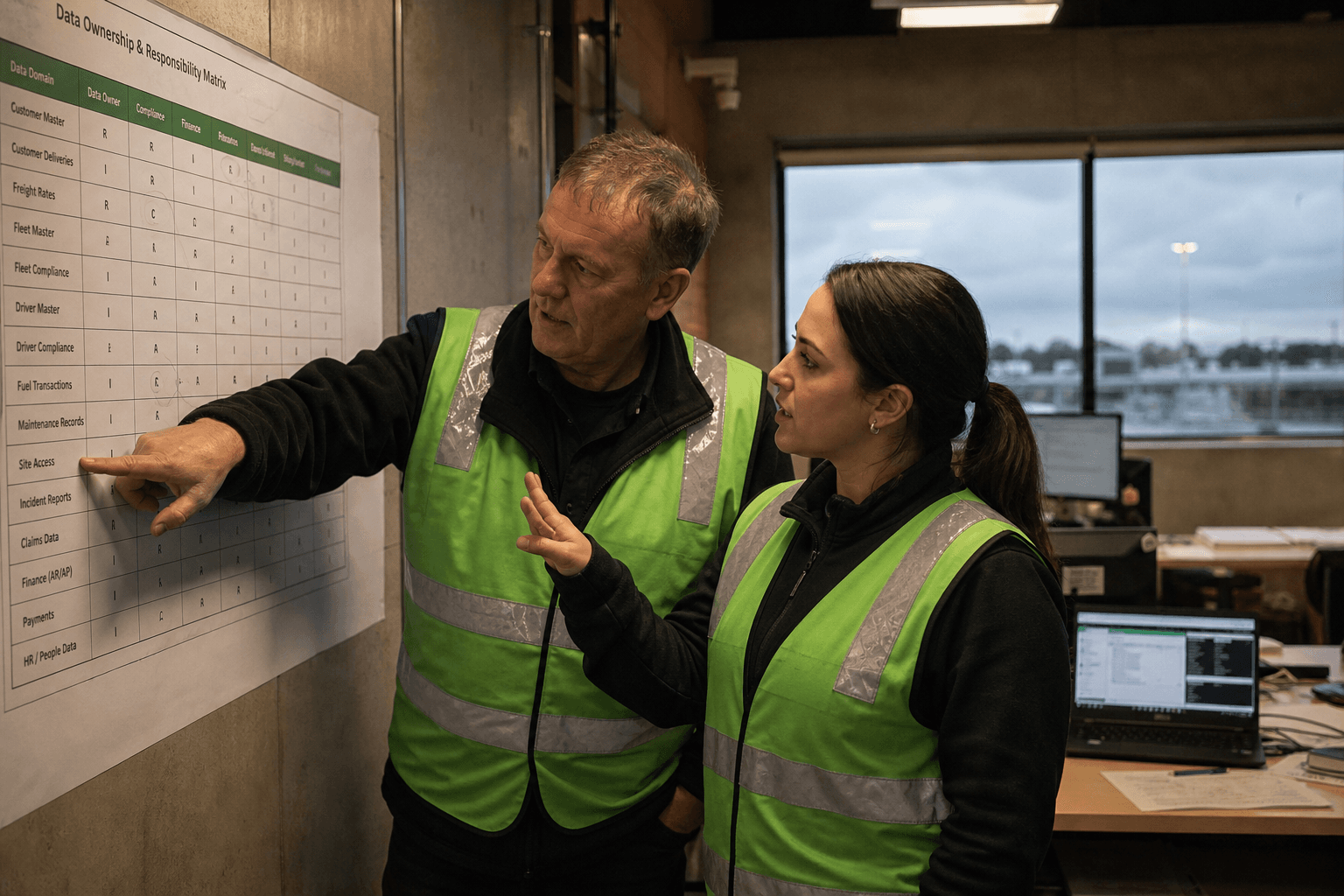 A male fleet supervisor and a female customer service worker in high-vis vests discuss a printed responsibility matrix pinned to the wall of a working Australian freight depot office.
