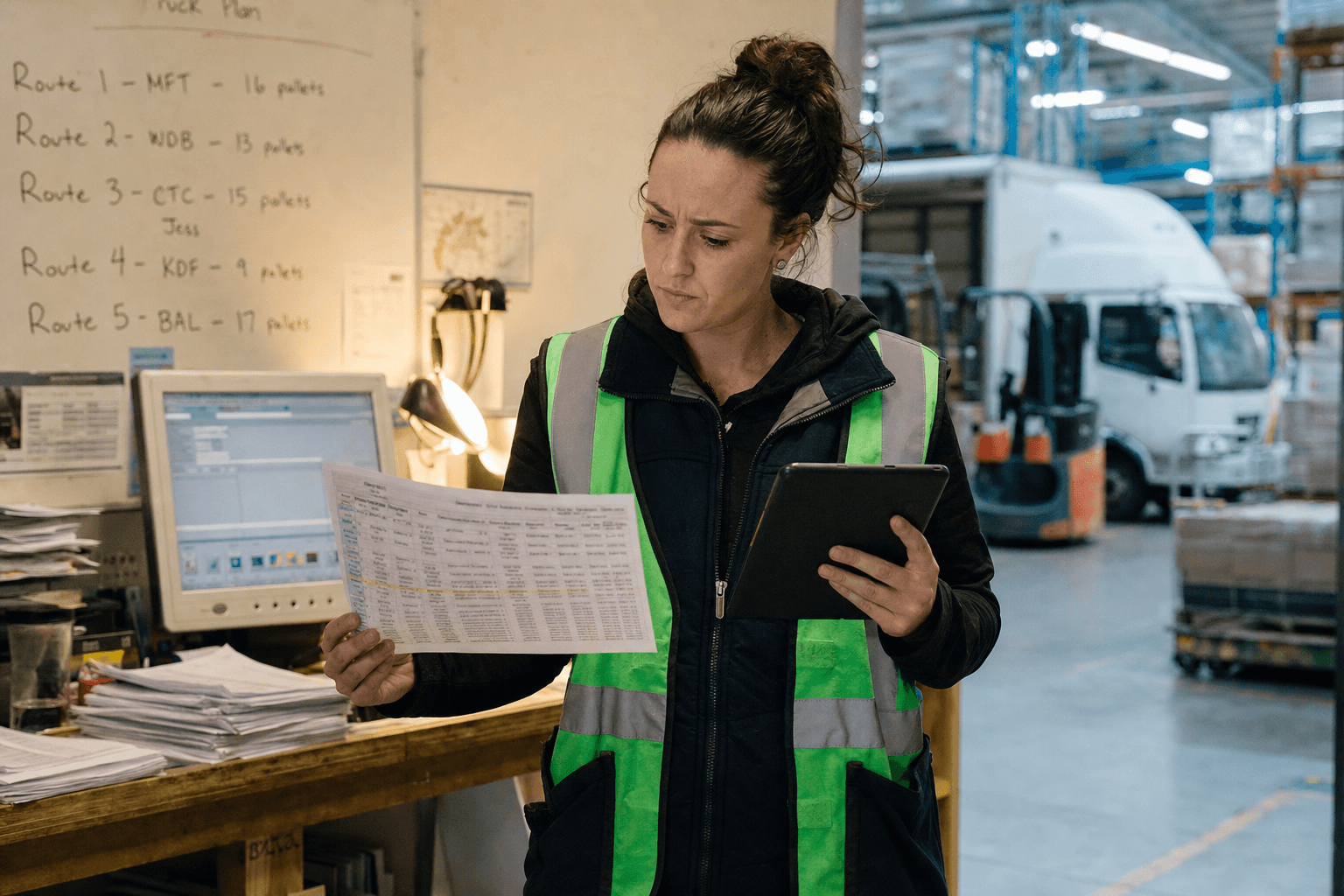 A female warehouse administrator in a high-visibility vest stands at a logistics office desk holding a printed spreadsheet and a tablet, surrounded by paper dockets and a legacy desktop computer, with warehouse shelving visible in the background.