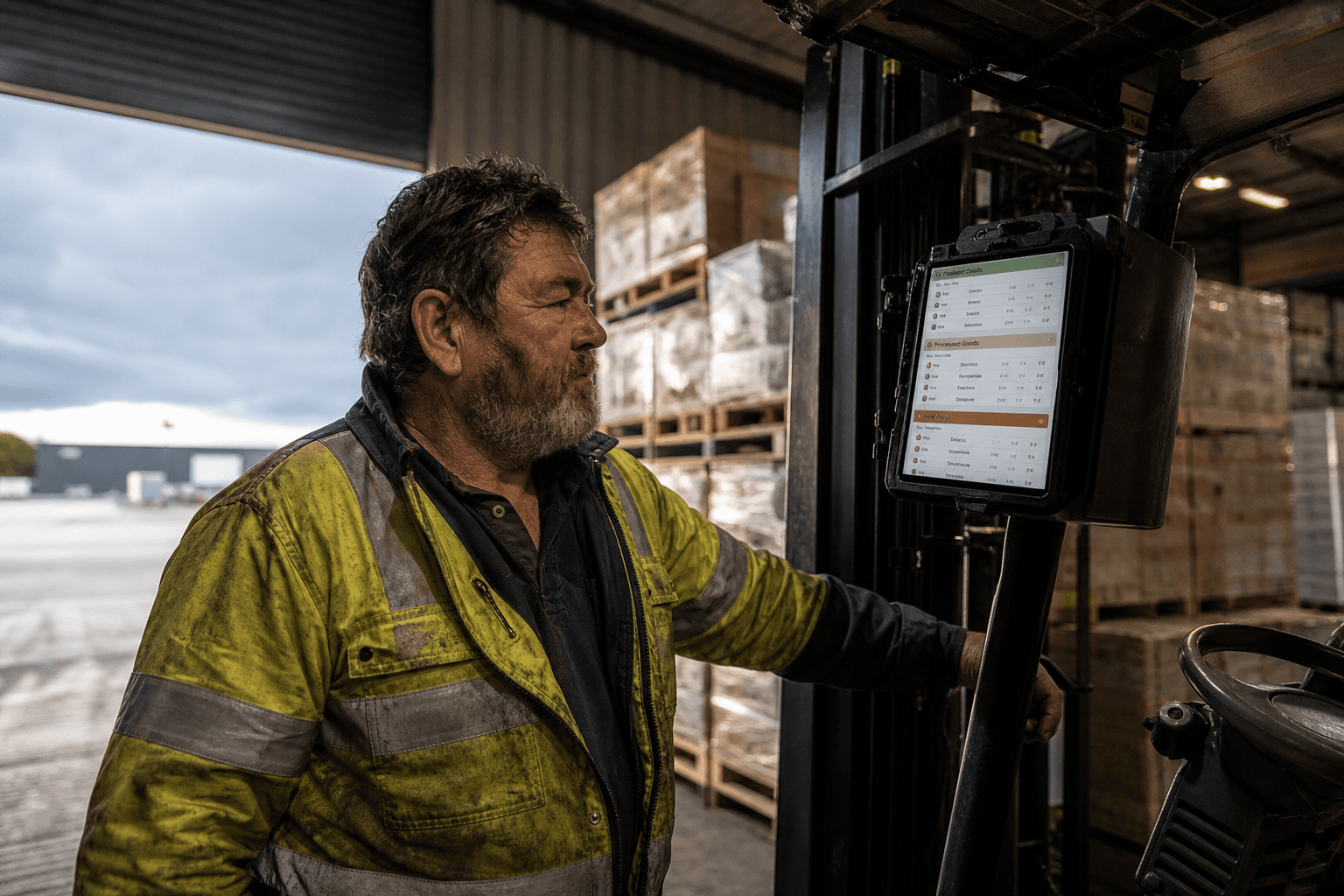 A male forklift operator in a high-visibility jacket pauses beside a loaded pallet inside an Australian warehouse and views a warehouse management interface on a ruggedised tablet mounted to the forklift, with layered pallet racking and an open loading dock visible in the background.