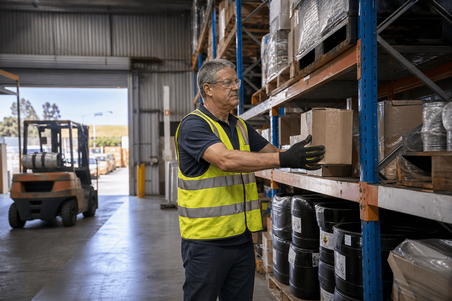 An older male warehouse worker in a yellow hi-vis vest lifts a carton from a mid-height racking shelf in an Australian warehouse, with a loading dock roller door visible in the background.