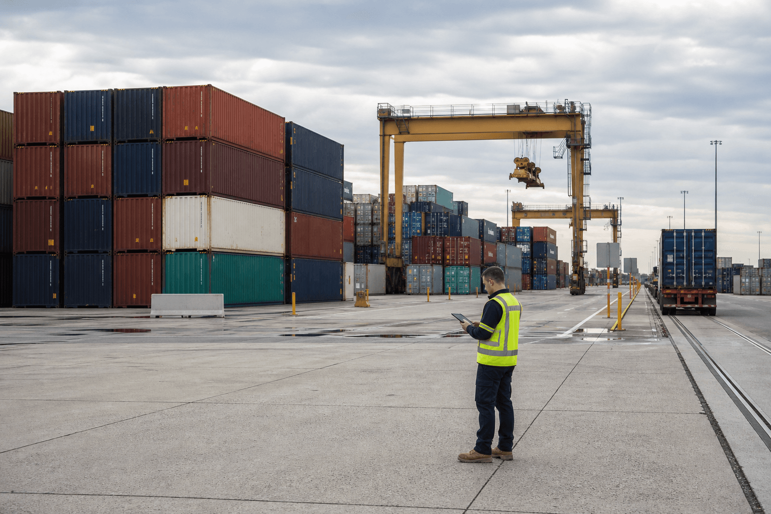 A wide view of a container terminal yard in Australia with stacked shipping containers and cranes, a small figure in hi-vis checking a container number on a tablet near the gate.