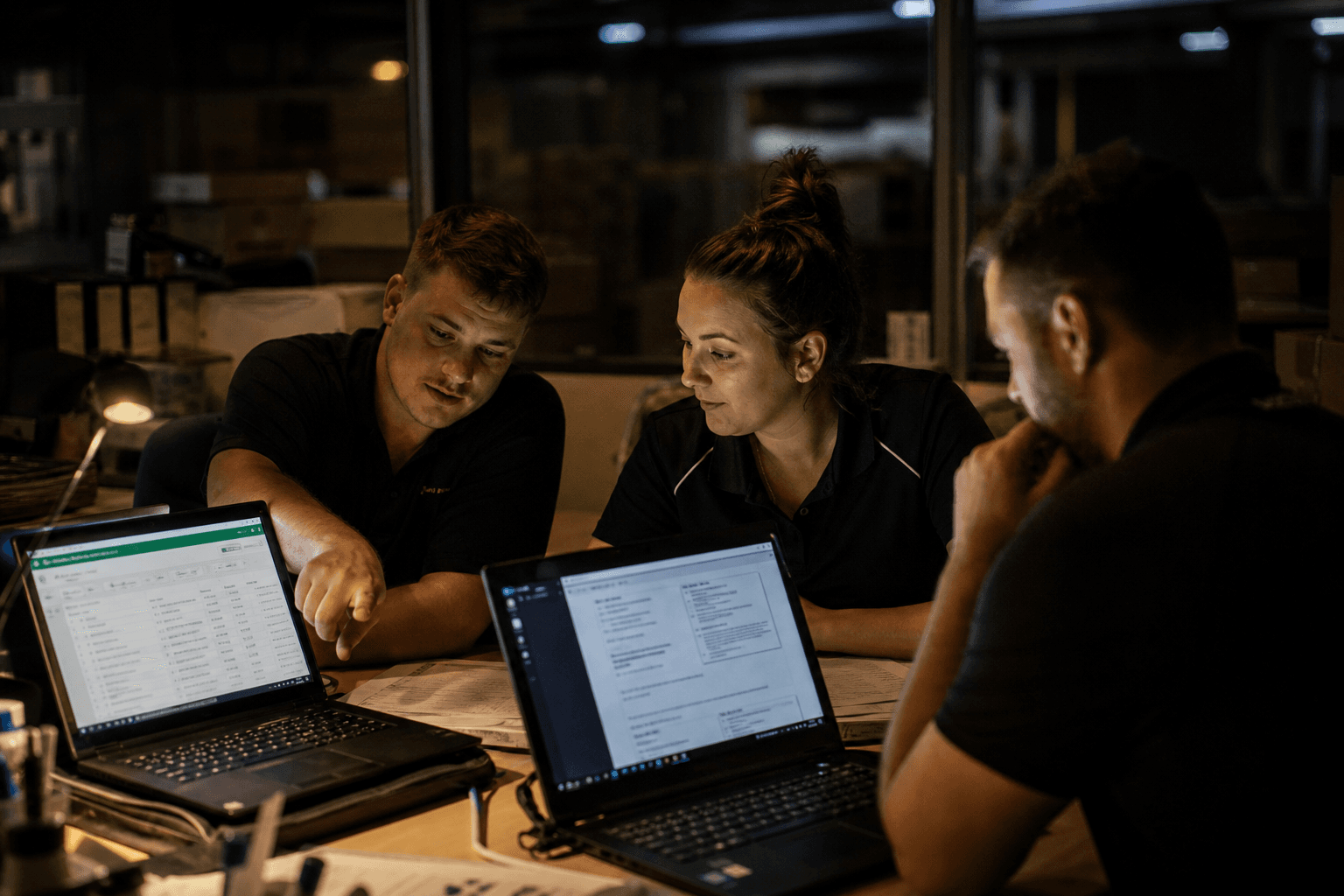 Three logistics workers in a dim depot office at night looking at laptop screens showing invoice and contract data, lit by screen glow and a warm desk lamp.
